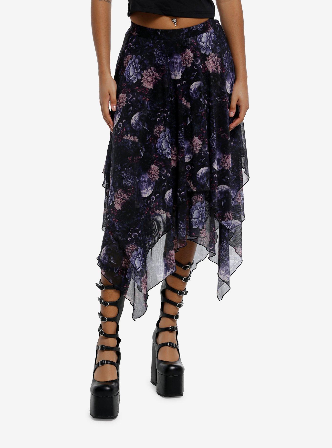 Cosmic Aura Raven Dark Floral Hanky Hem Midi Skirt, , hi-res