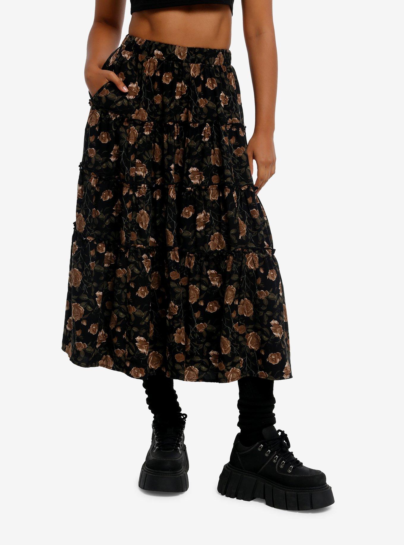 Black & Brown Rose Tiered Midi Skirt, , hi-res