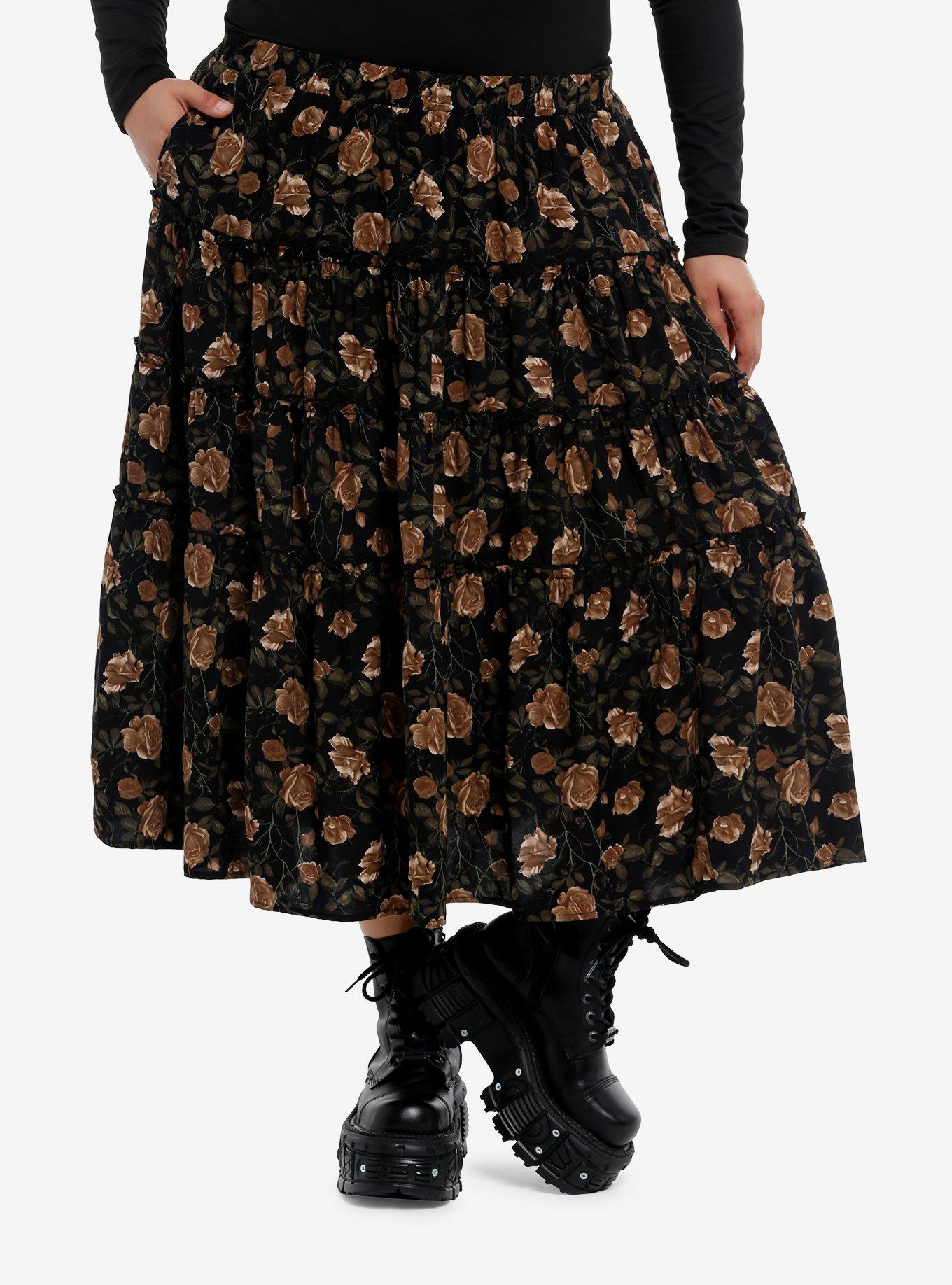 Black & Brown Rose Tiered Midi Skirt Plus Size, , hi-res