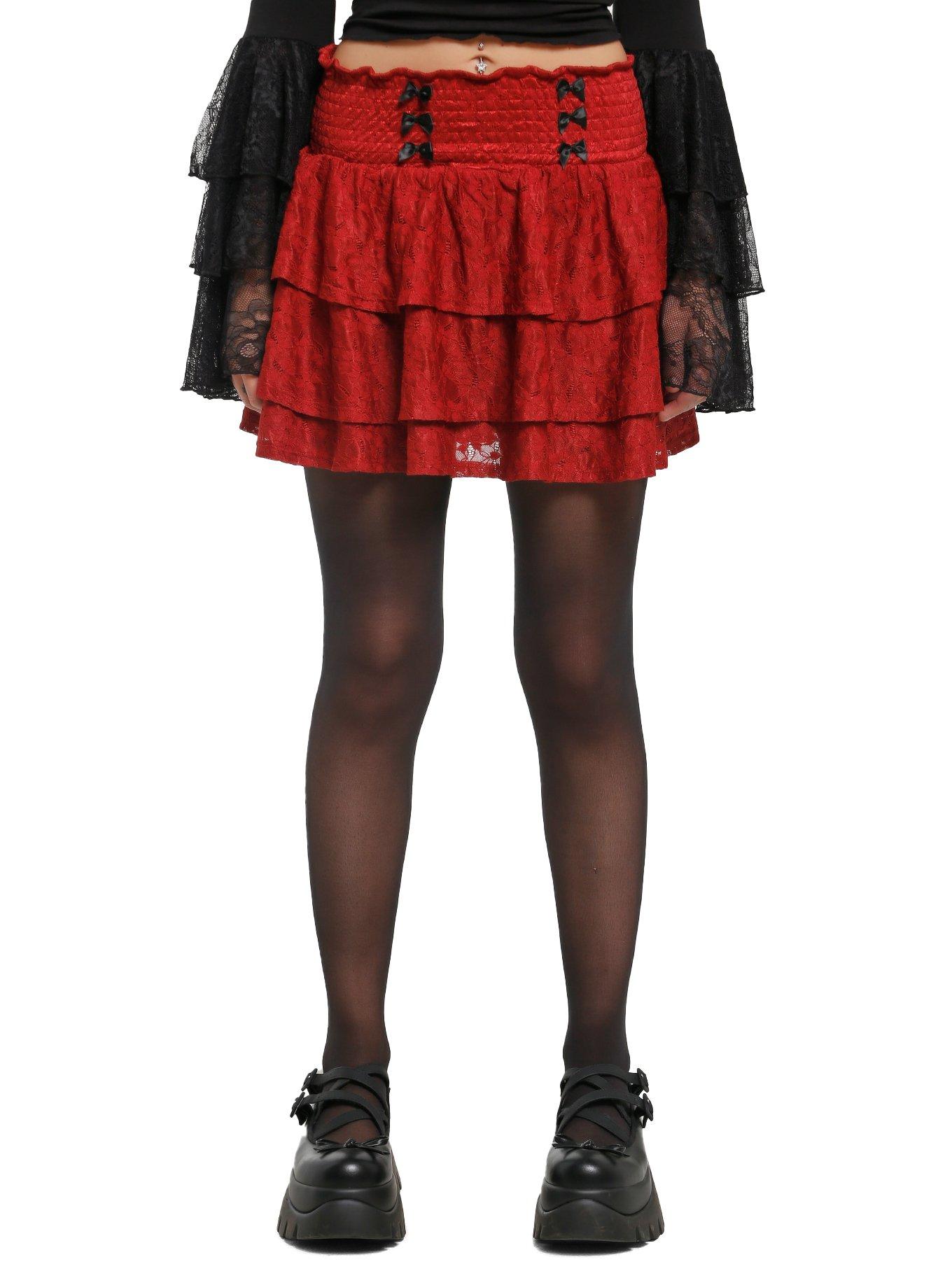 COSMICAURA Cosmic Aura Maroon Lace Tiered Mini Skirt