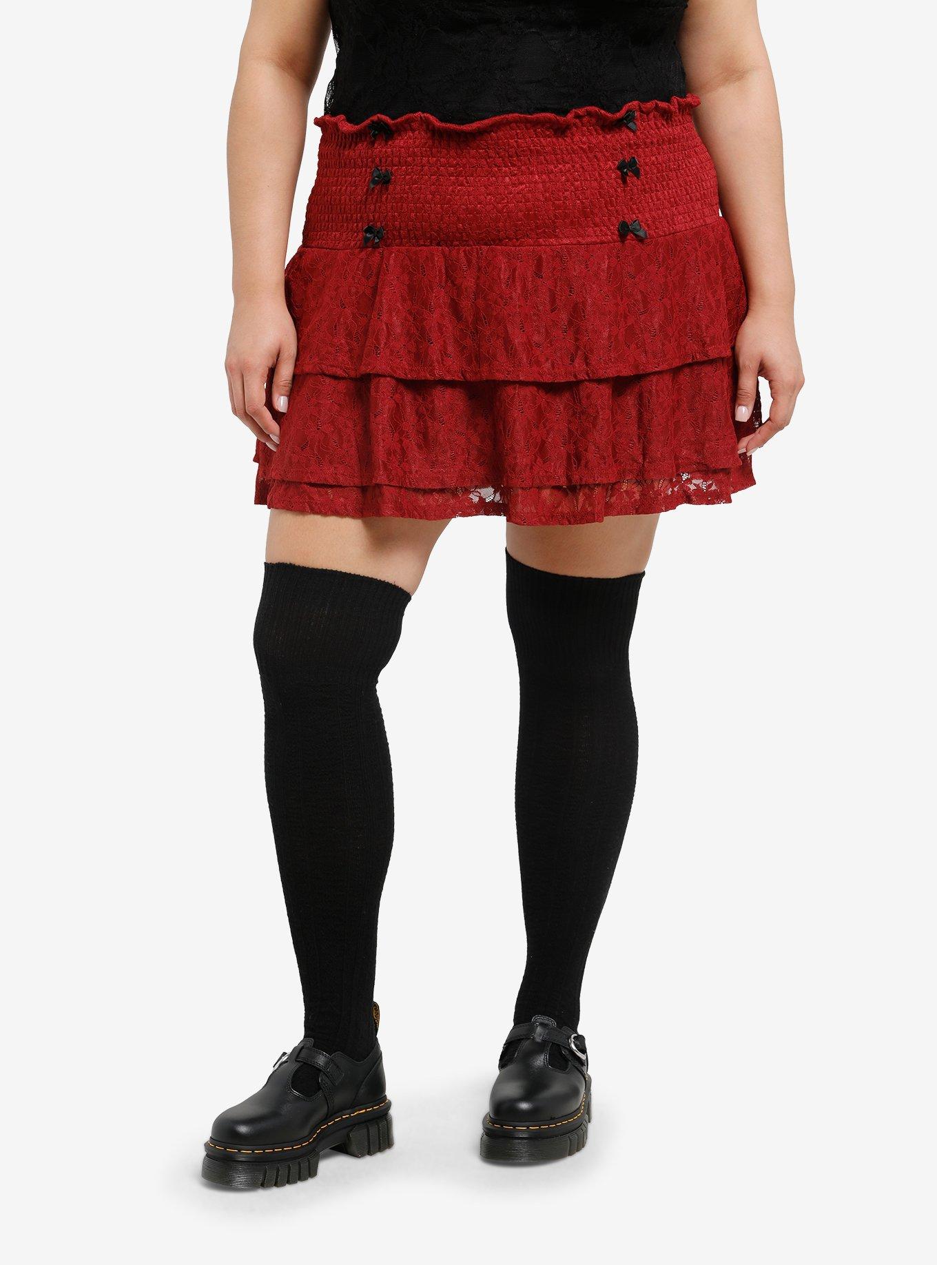 Cosmic Aura Maroon Lace Tiered Mini Skirt Plus Size, , hi-res