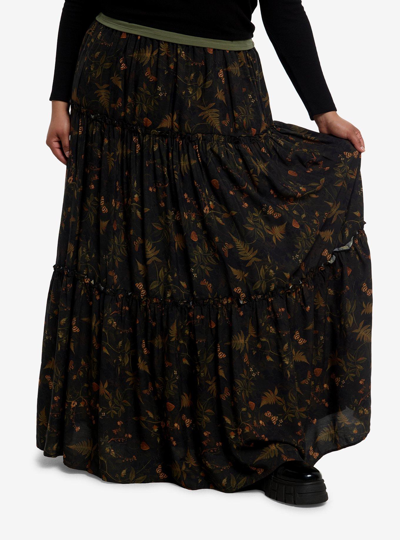 Thorn & Fable Dark Green Forest Tiered Maxi Skirt Plus Size, , hi-res