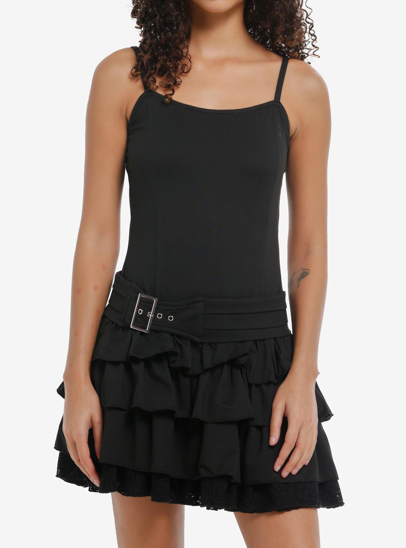 Black Ruffle Tiered Belted Cami Dress, , hi-res