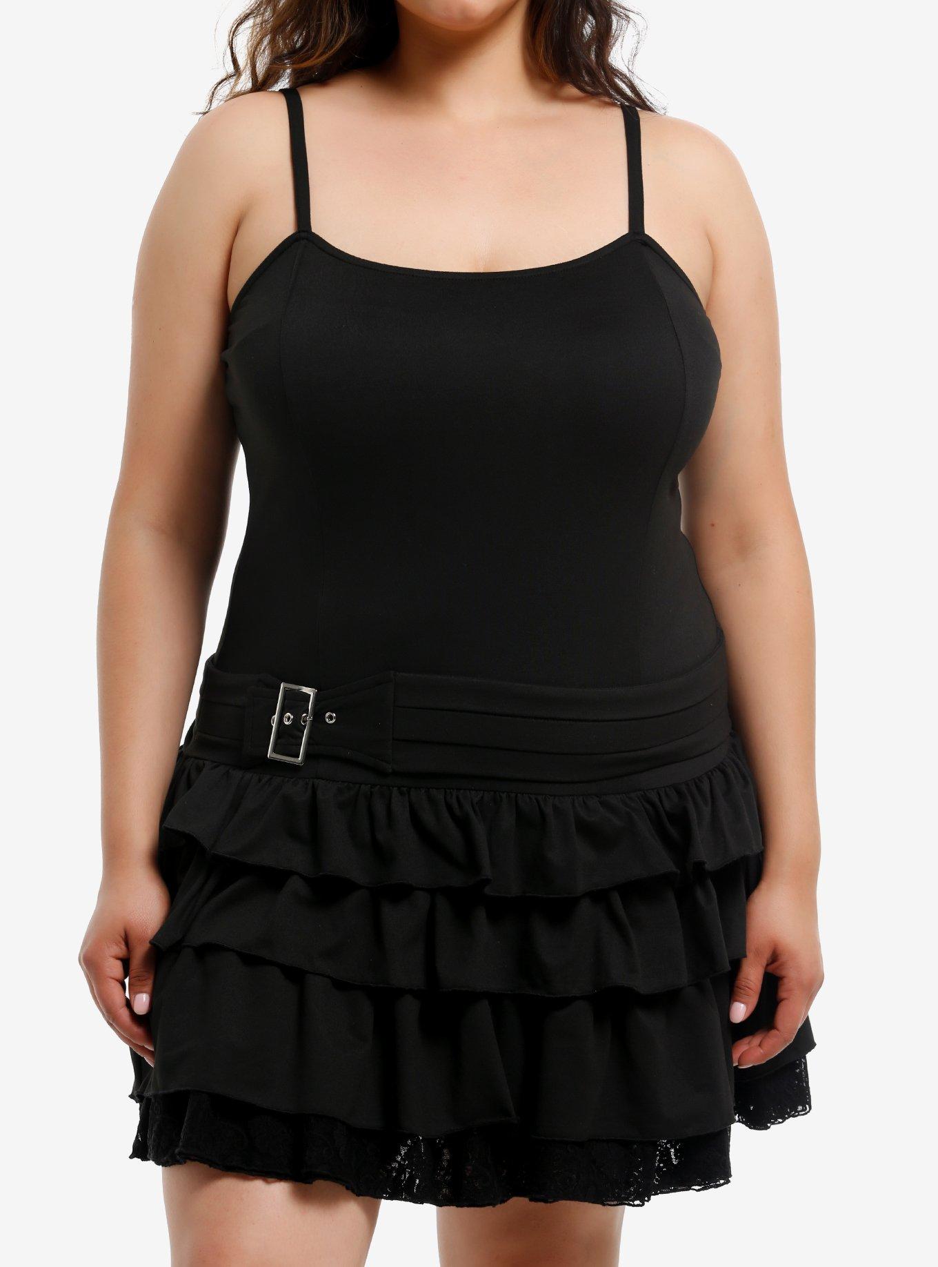 Black Ruffle Tiered Belted Cami Dress Plus Size, , hi-res