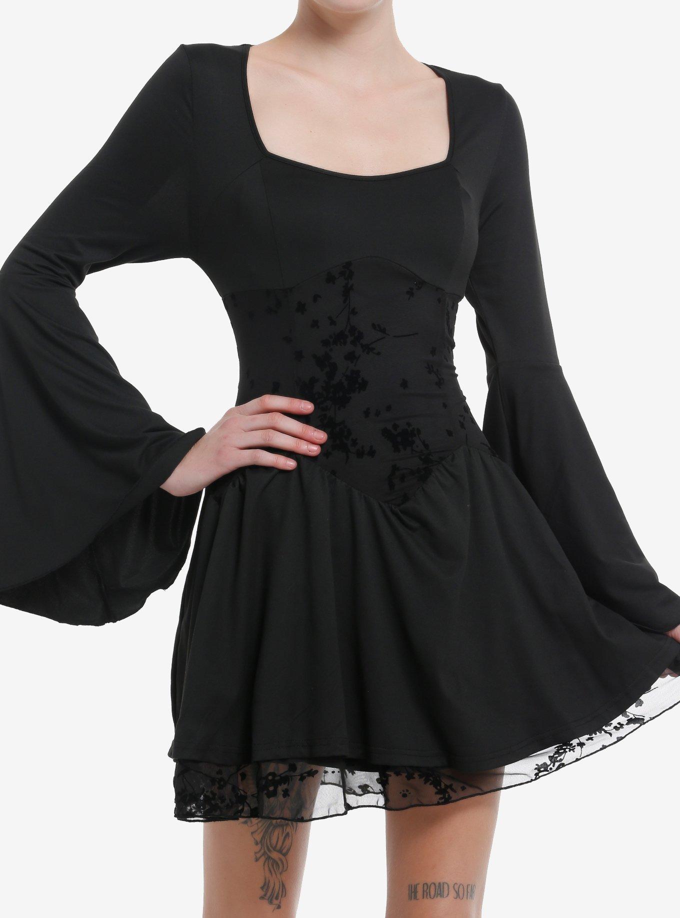 Cosmic Aura Black Velvet Floral Paneled Bell Sleeve Dress, , hi-res