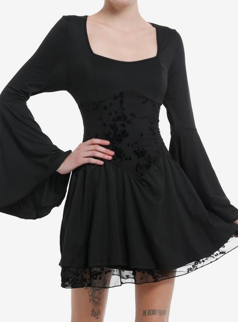 Cosmic Aura Black Velvet Floral Paneled Bell Sleeve Dress