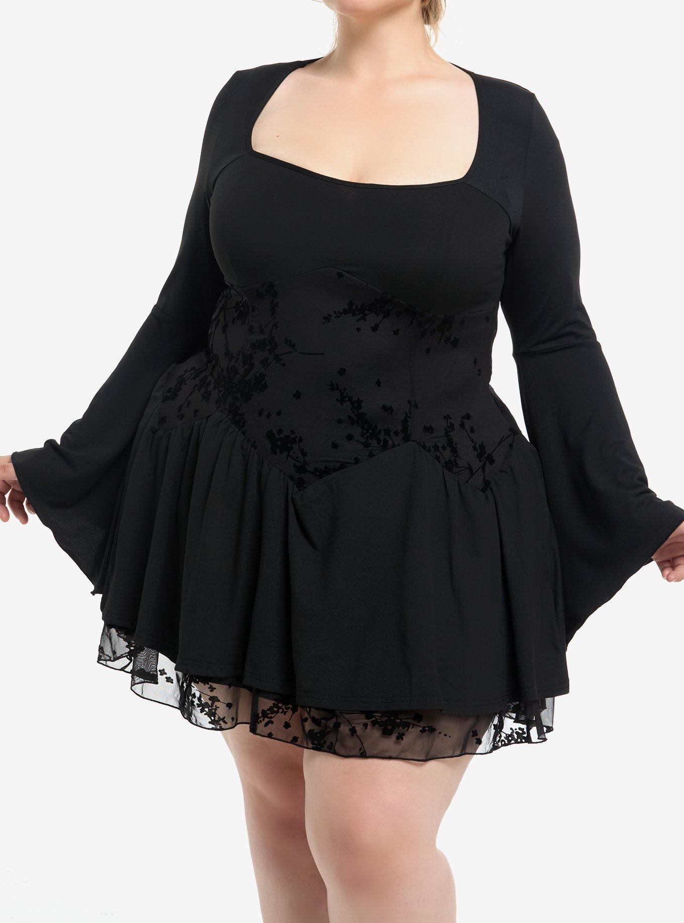 Cosmic Aura Black Velvet Floral Paneled Bell Sleeve Dress Plus Size, , hi-res