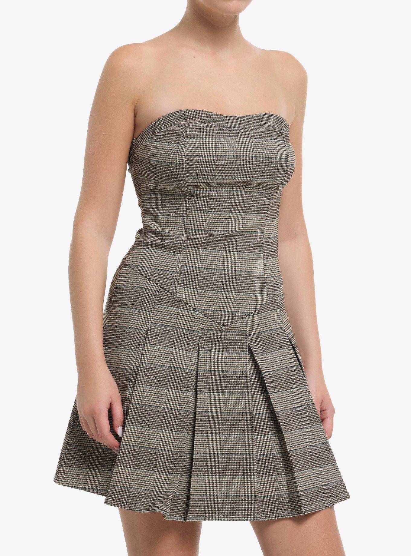 Brown Plaid Pleated Strapless Dress, , hi-res