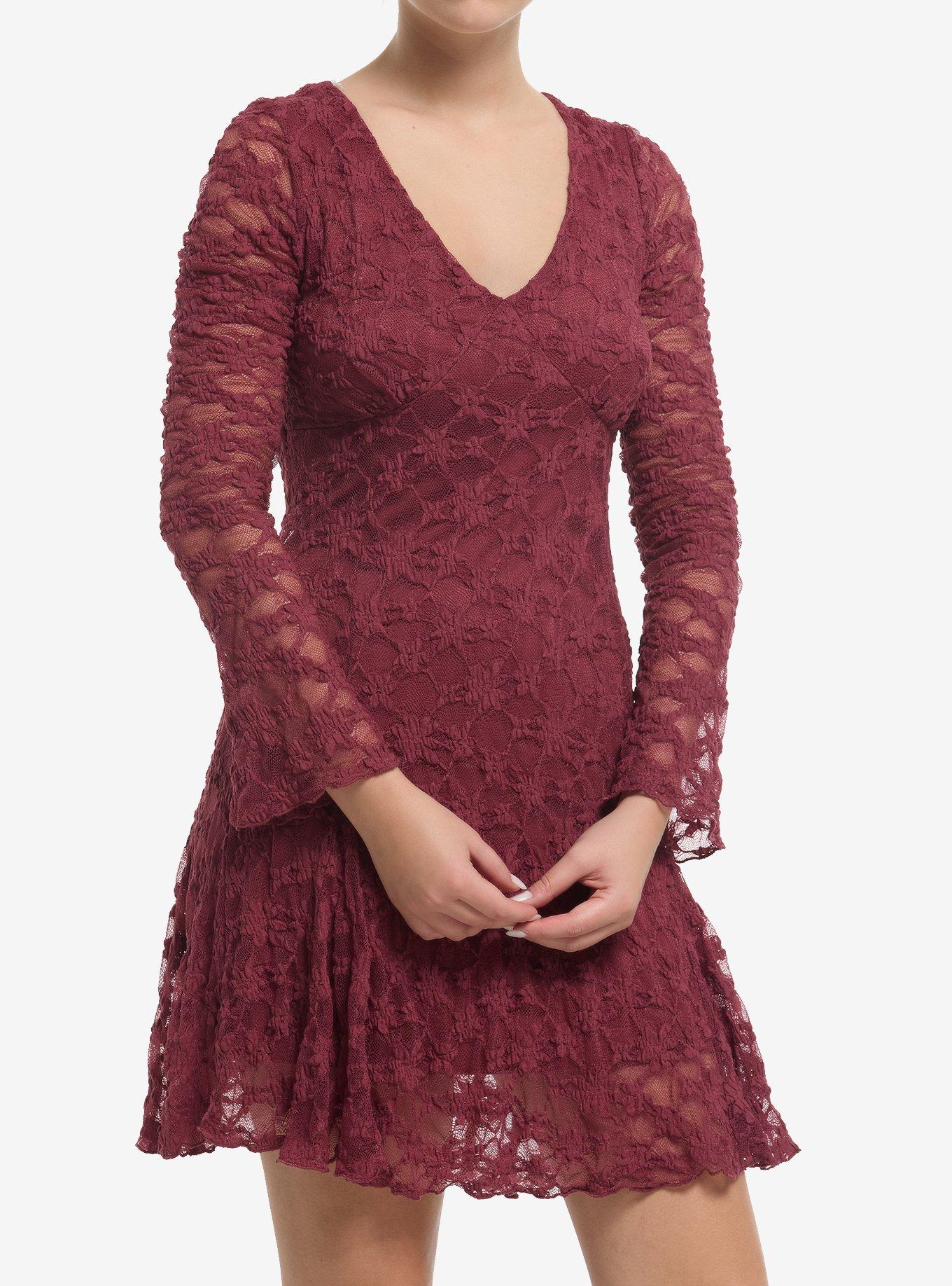 Cosmic Aura Maroon Lace Bell Sleeve Dress, , hi-res