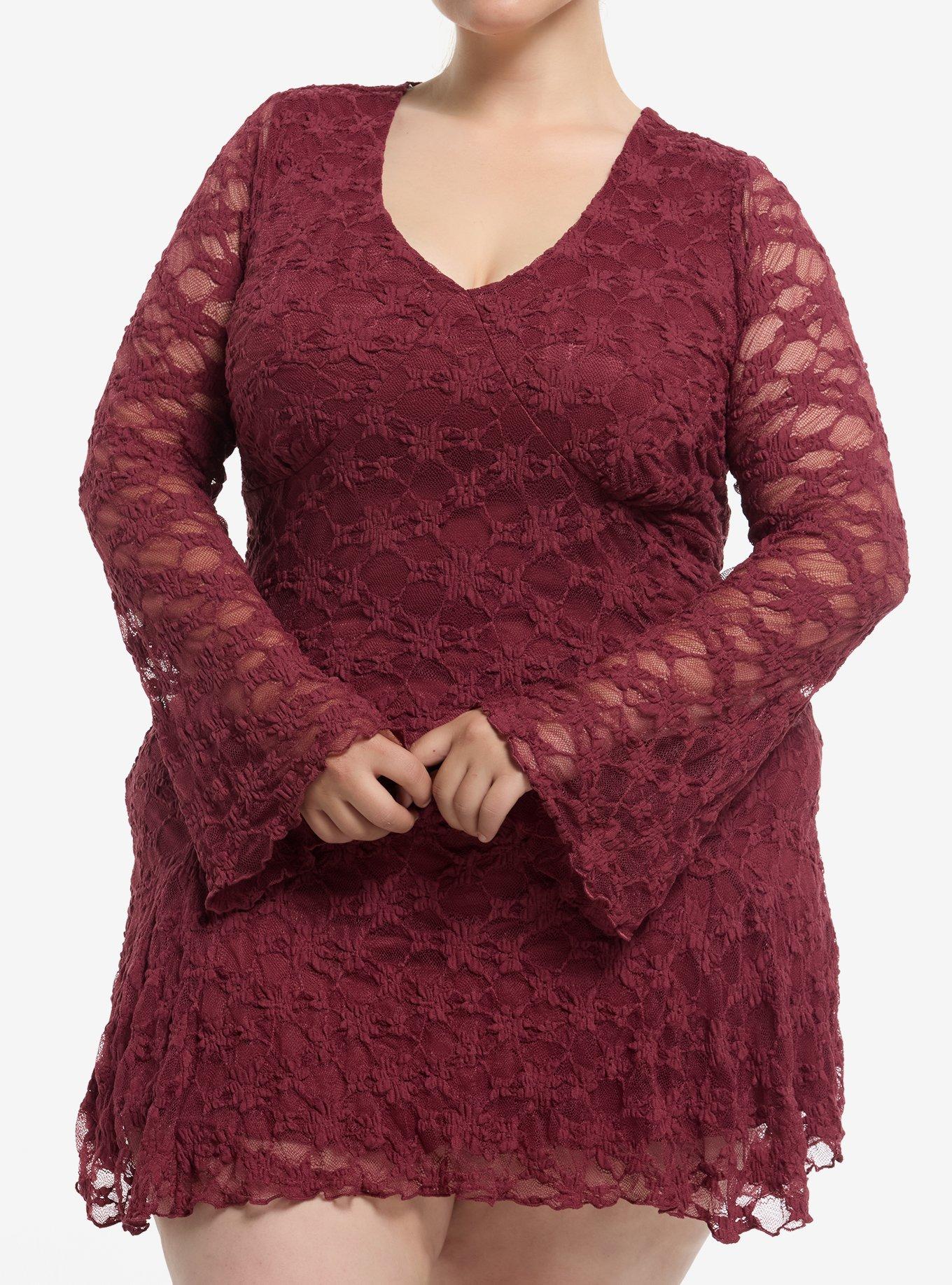 Cosmic Aura Maroon Lace Bell Sleeve Dress Plus Size, , hi-res