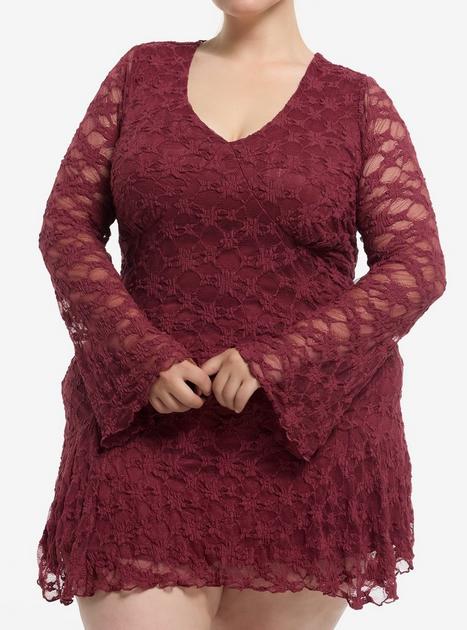 Cosmic Aura Maroon Lace Bell Sleeve Dress Plus Size | Hot Topic
