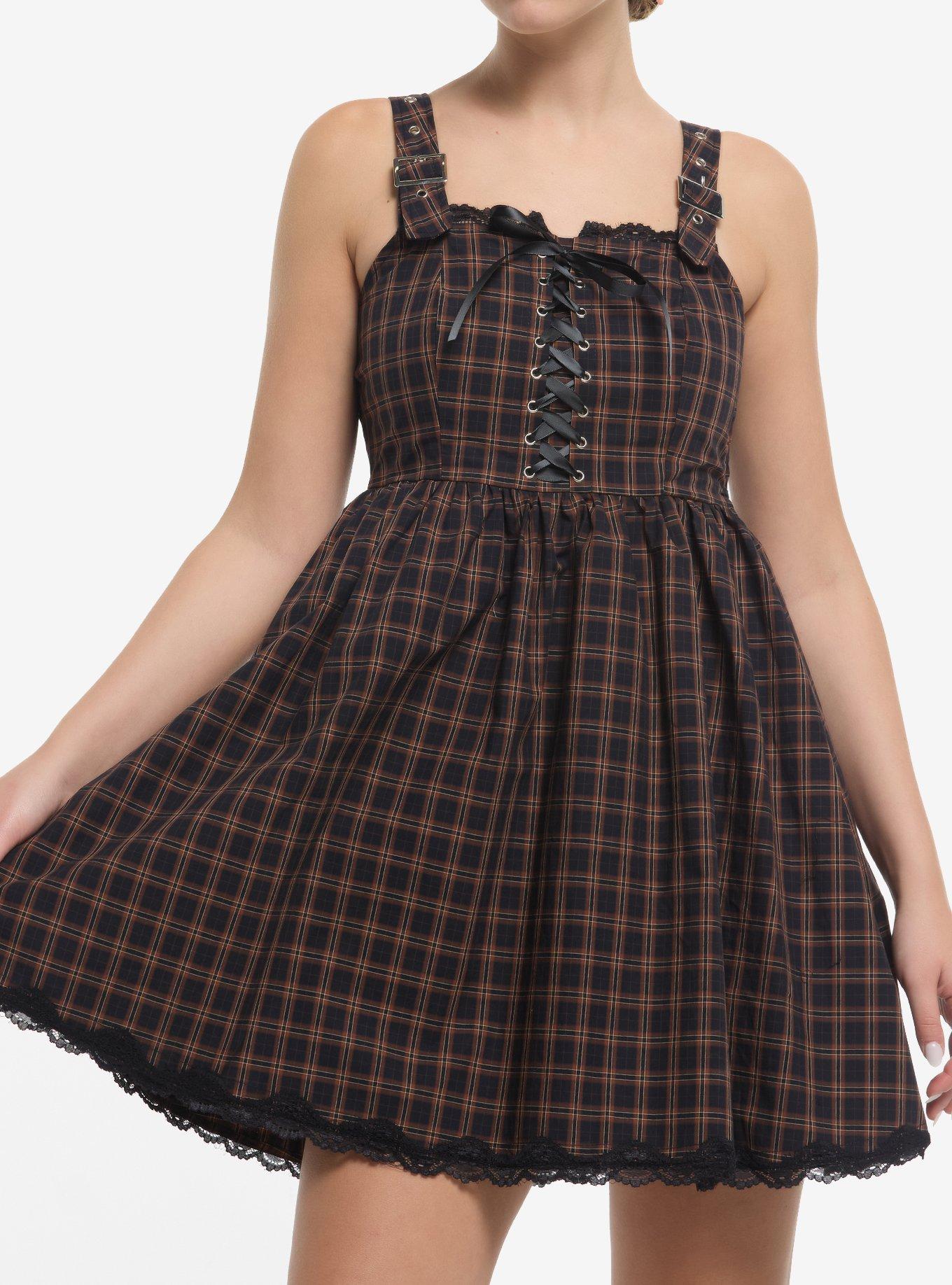 hot topic brown dress Plaid Lace-Up Grommet Strap 26% polyester country dress Us 6 / Cream Color:Y20-19 Vintage Olive