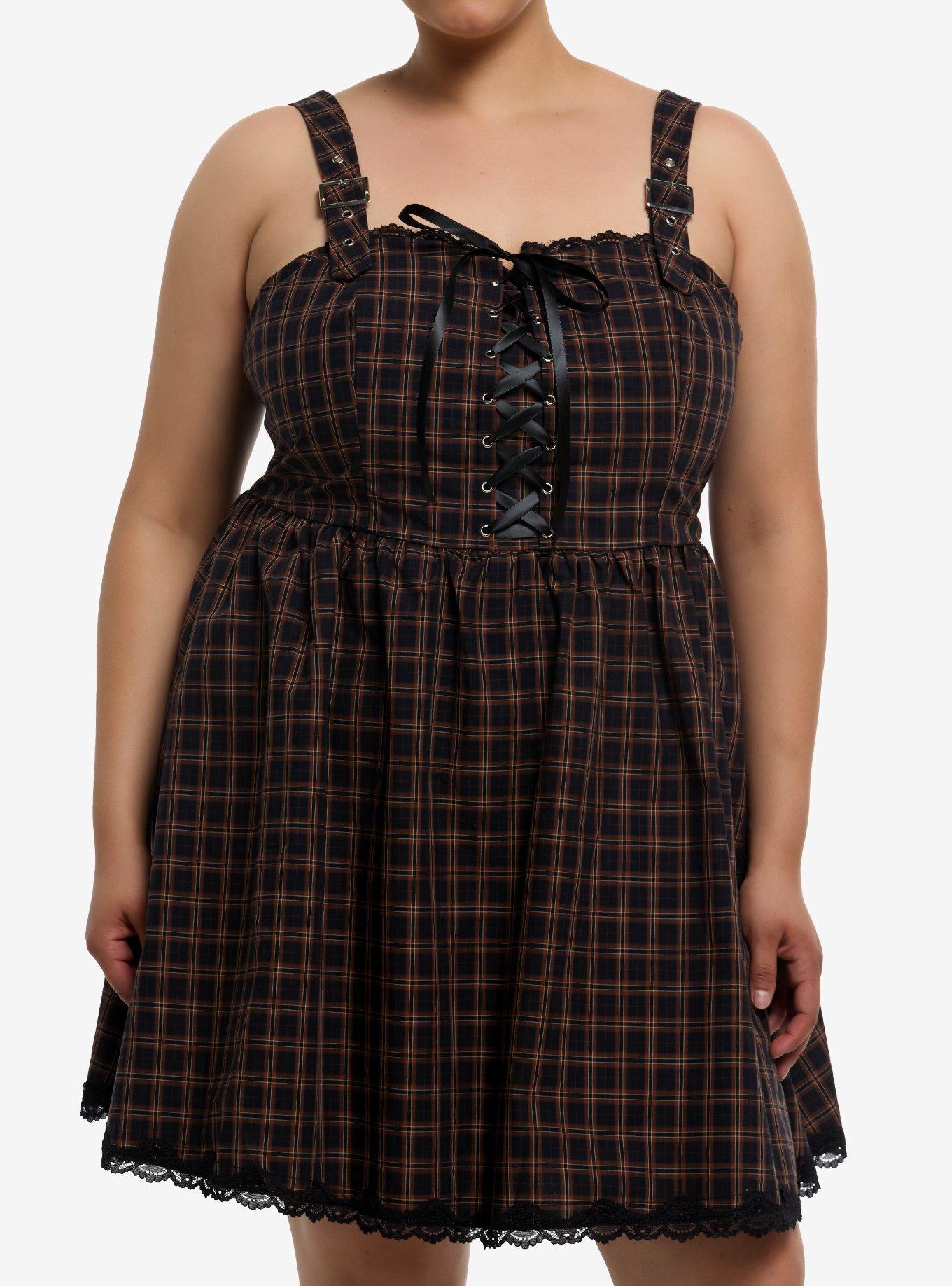 Brown Plaid Lace-Up Grommet Strap Dress Plus Size, , hi-res