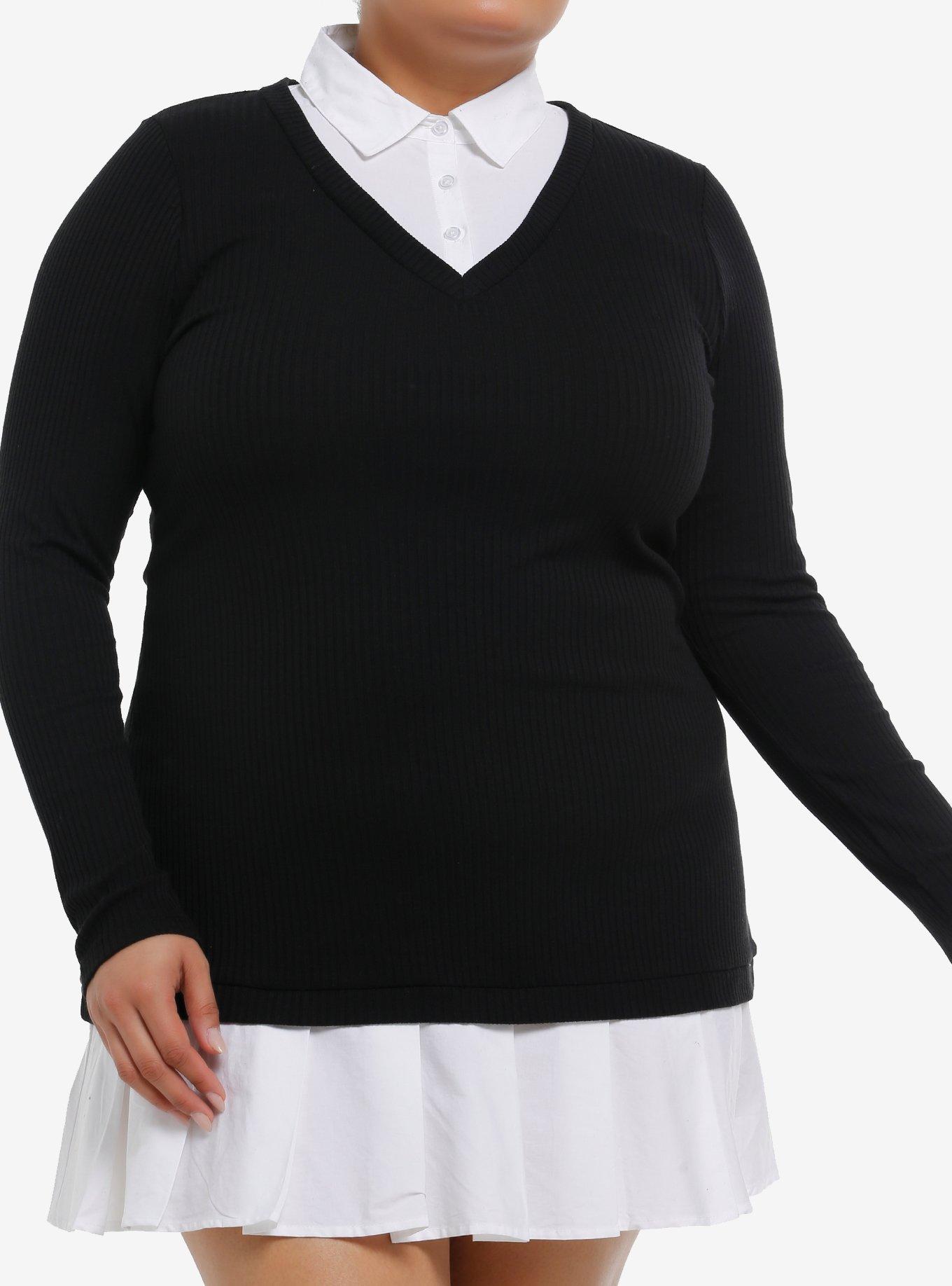 Cosmic Aura Black & White Sweater Button-Up Twofer Dress Plus Size, , hi-res