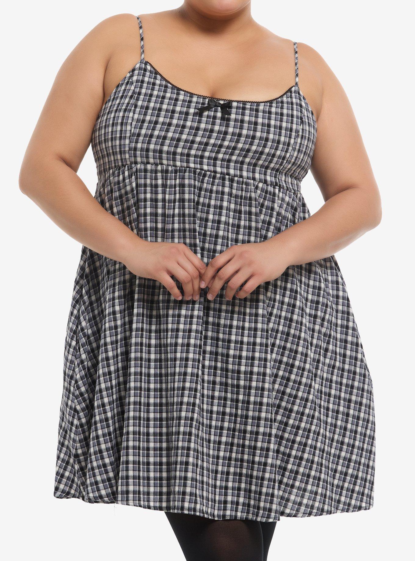 Black & White Plaid Cami Mini Dress Plus Size, , hi-res