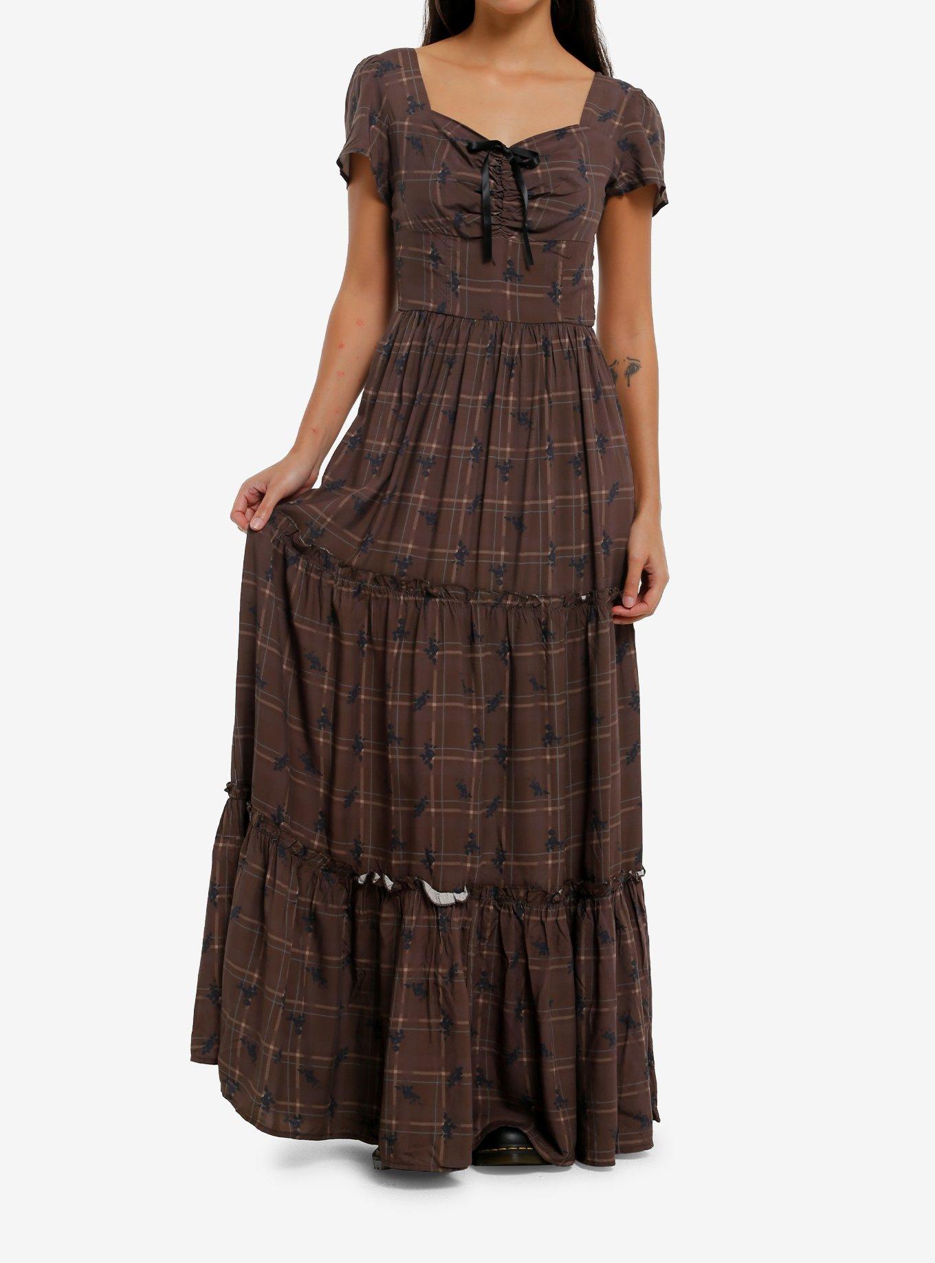 Thorn & Fable Brown Plaid & Floral Maxi Dress, , hi-res