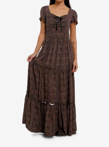 hot topic brown dress Thorn & Fable Plaid & Floral Maxi 26% polyester country dress Us 6 / Cream Color:Y20-19 Vintage Olive