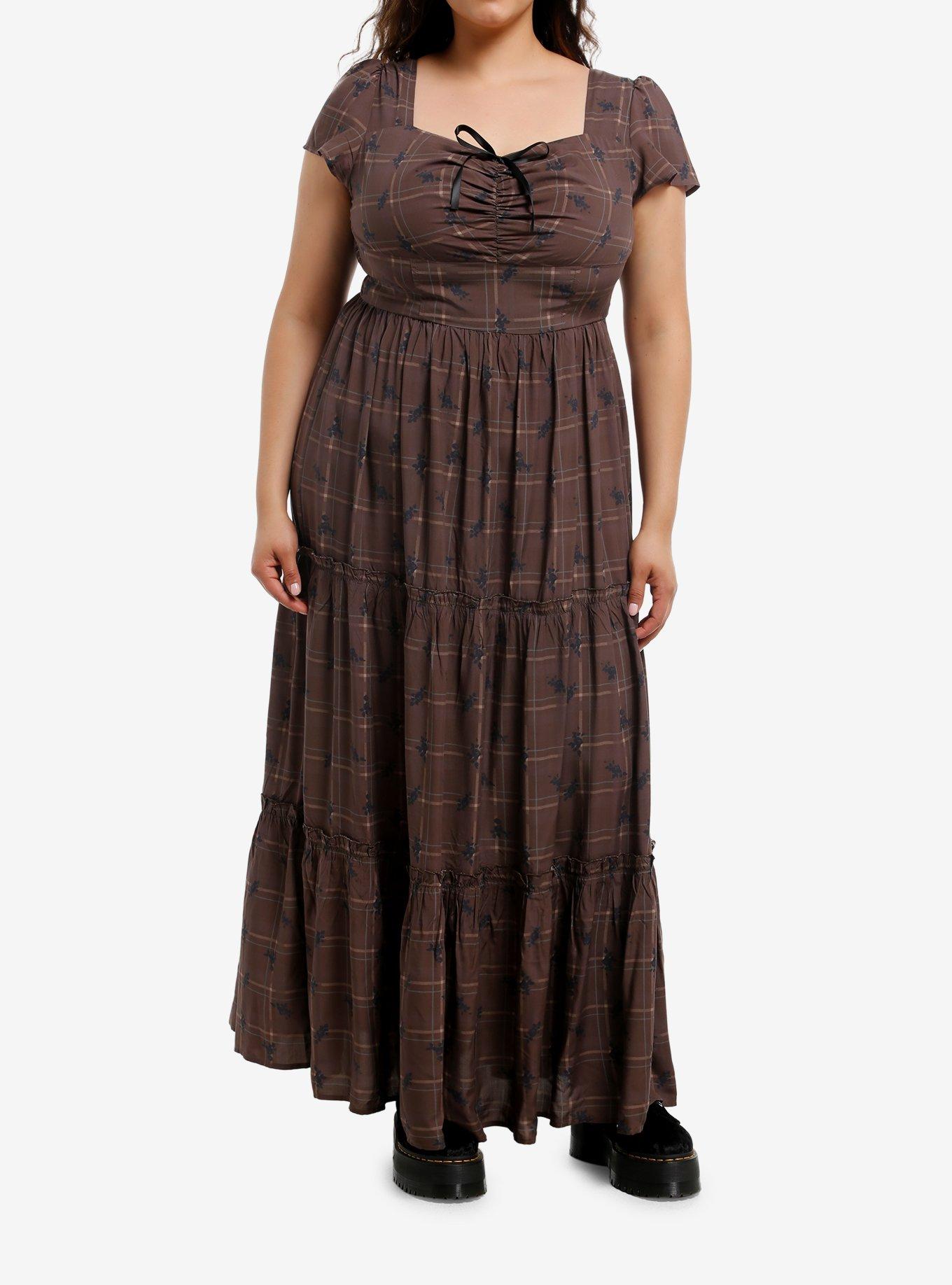 Thorn & Fable Brown Plaid & Floral Maxi Dress Plus Size, , hi-res