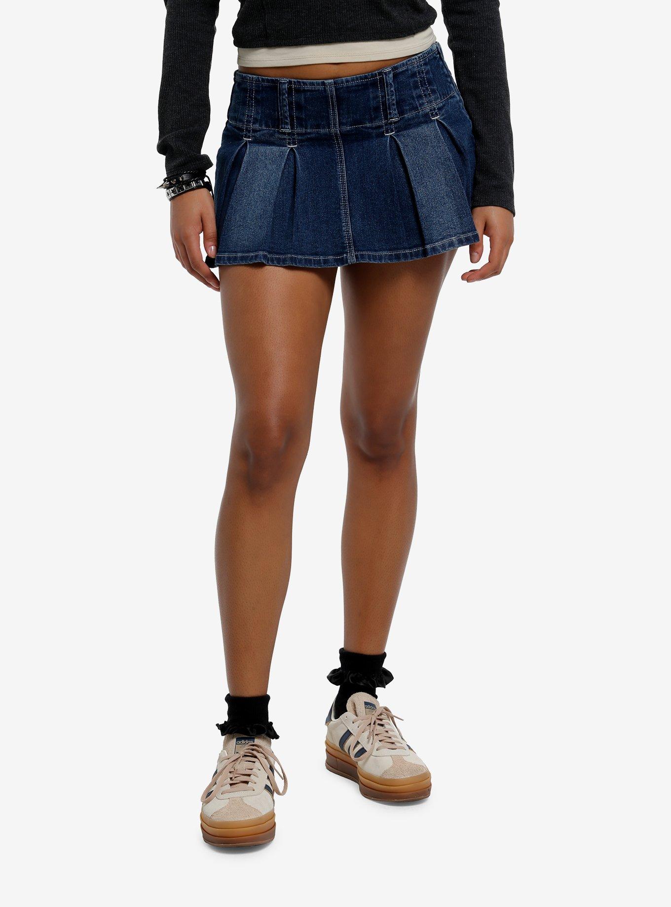 Indigo Contrast Stitch Denim Pleated Micro Skort, , hi-res
