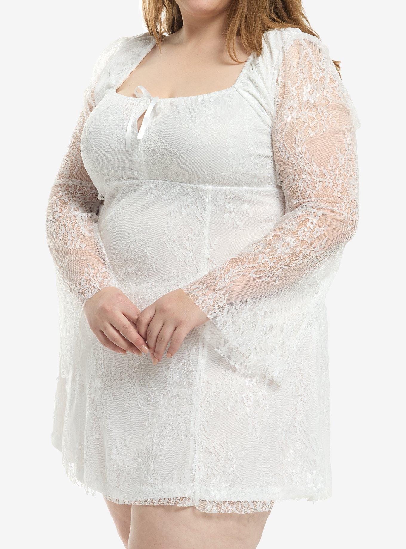 Sweet Society White Lace Bell Sleeve Mini Dress Plus Size, , hi-res