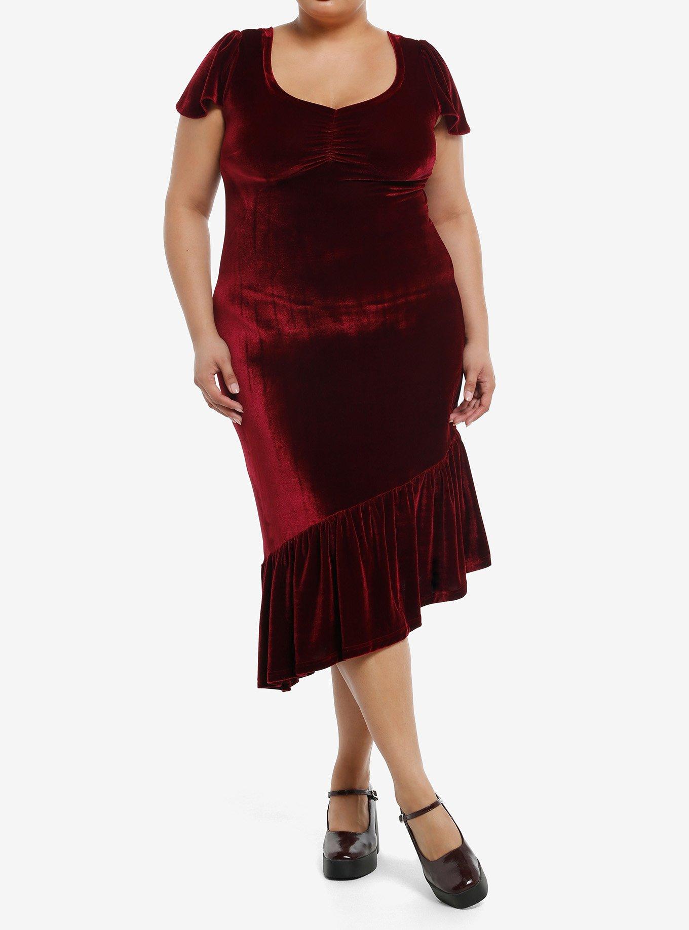 Cosmic Aura Burgundy Velvet Asymmetrical Ruffle Midi Dress Plus Size, , hi-res
