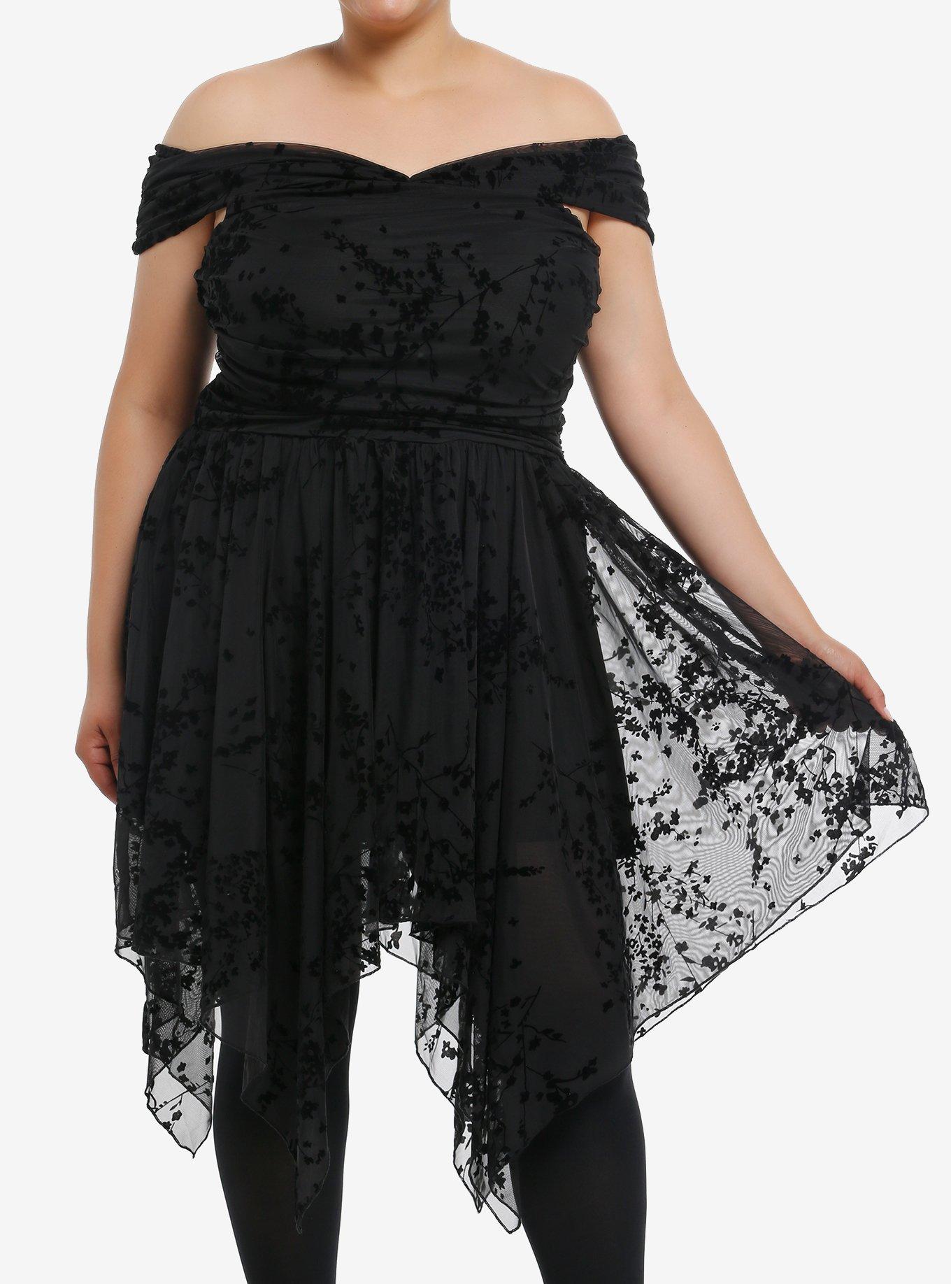 Cosmic Aura Floral Flocked Cold Shoulder Midi Dress Plus Size, , hi-res
