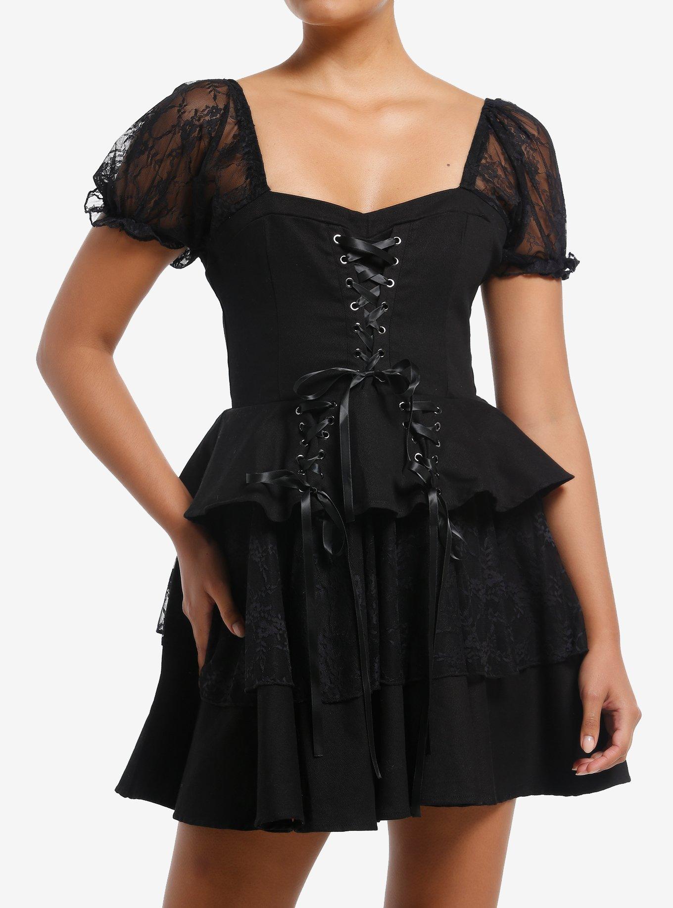 Black Lace Puff Sleeve Tiered Mini Dress, , hi-res