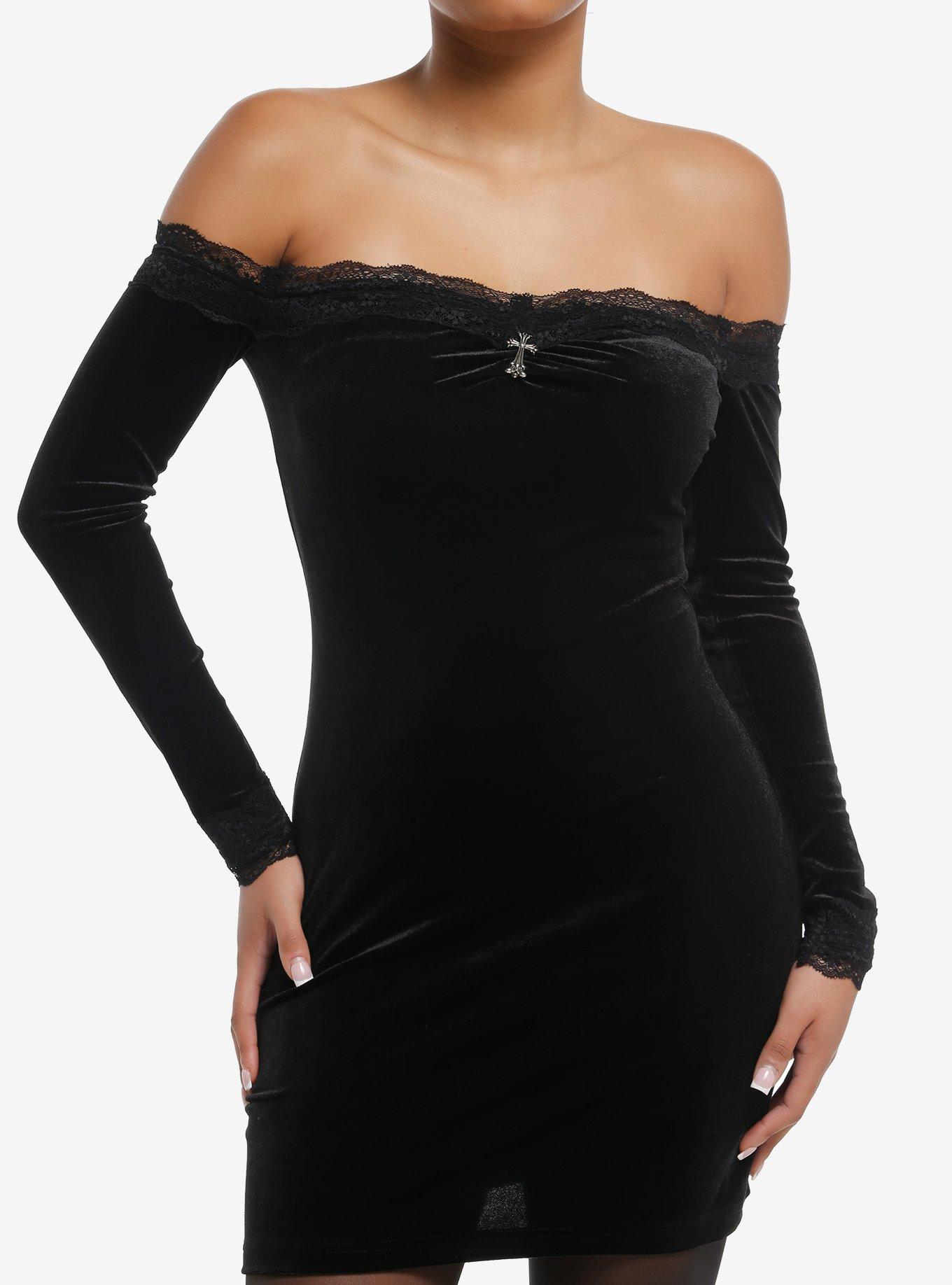 Ornate Cross Off-The-Shoulder Long-Sleeve Dress, , hi-res