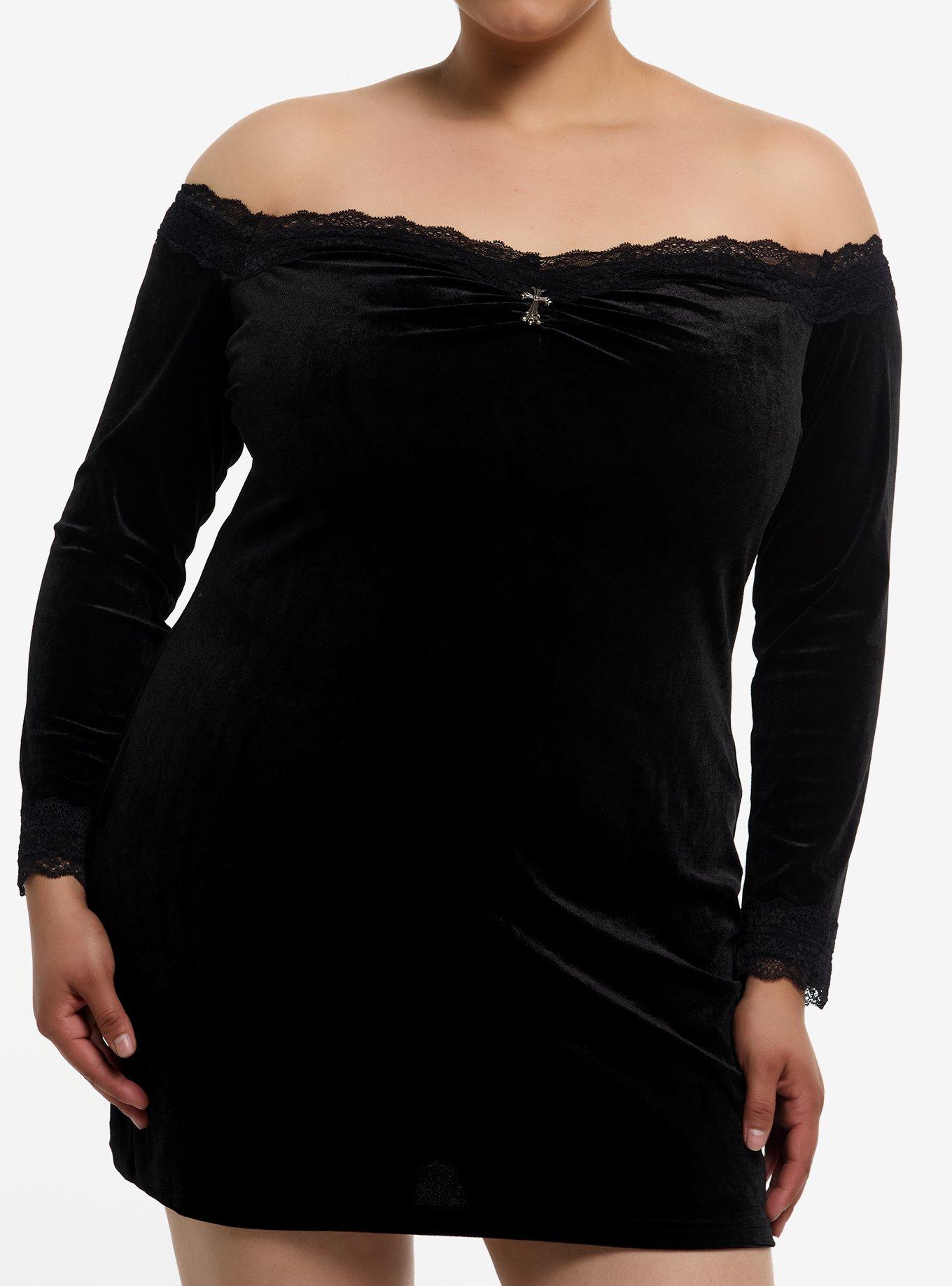 Ornate Cross Off-The-Shoulder Long-Sleeve Dress Plus Size, , hi-res