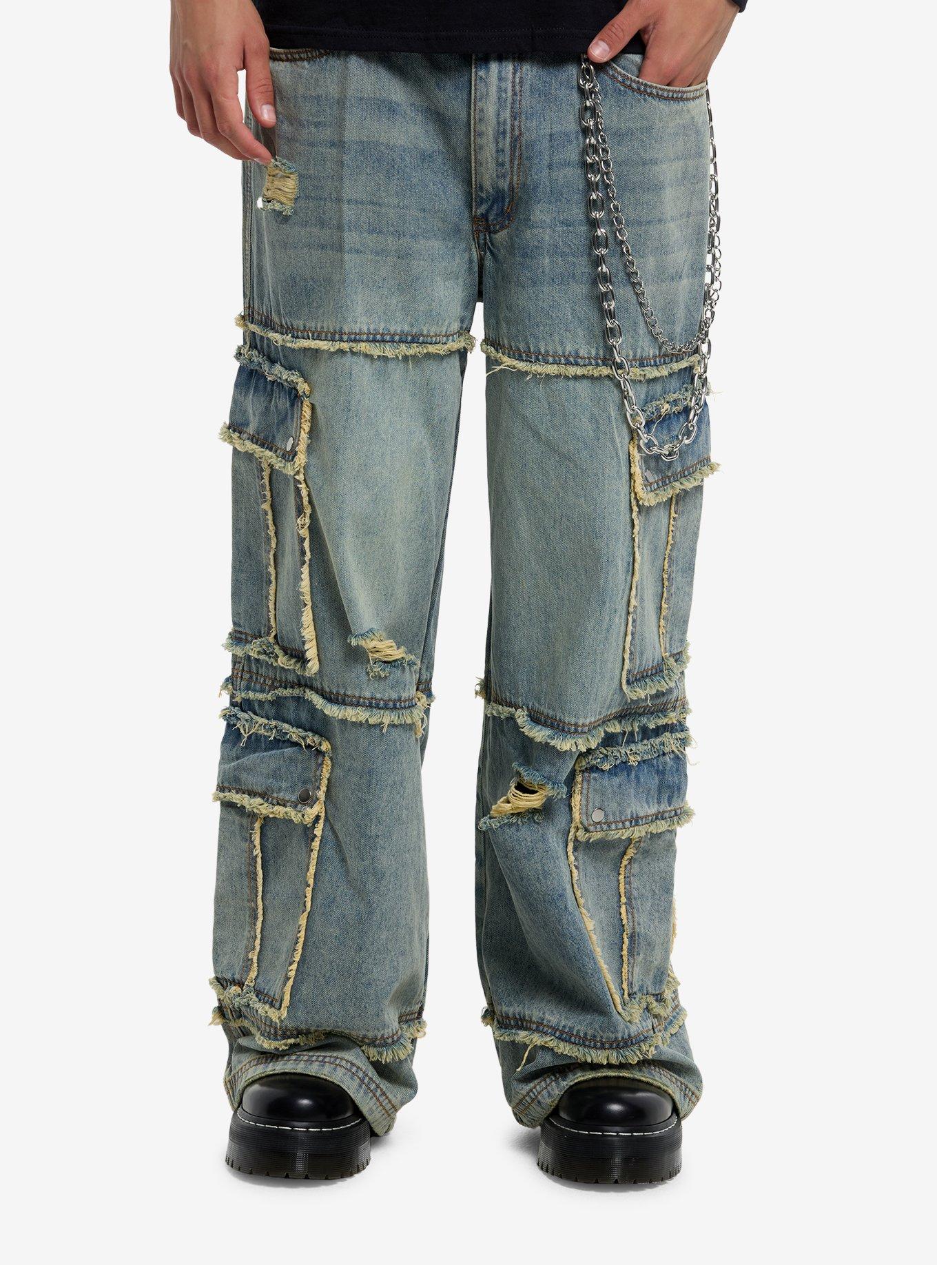 HTDENIM Raw Edge Light Indigo Wide Leg Cargo Jeans