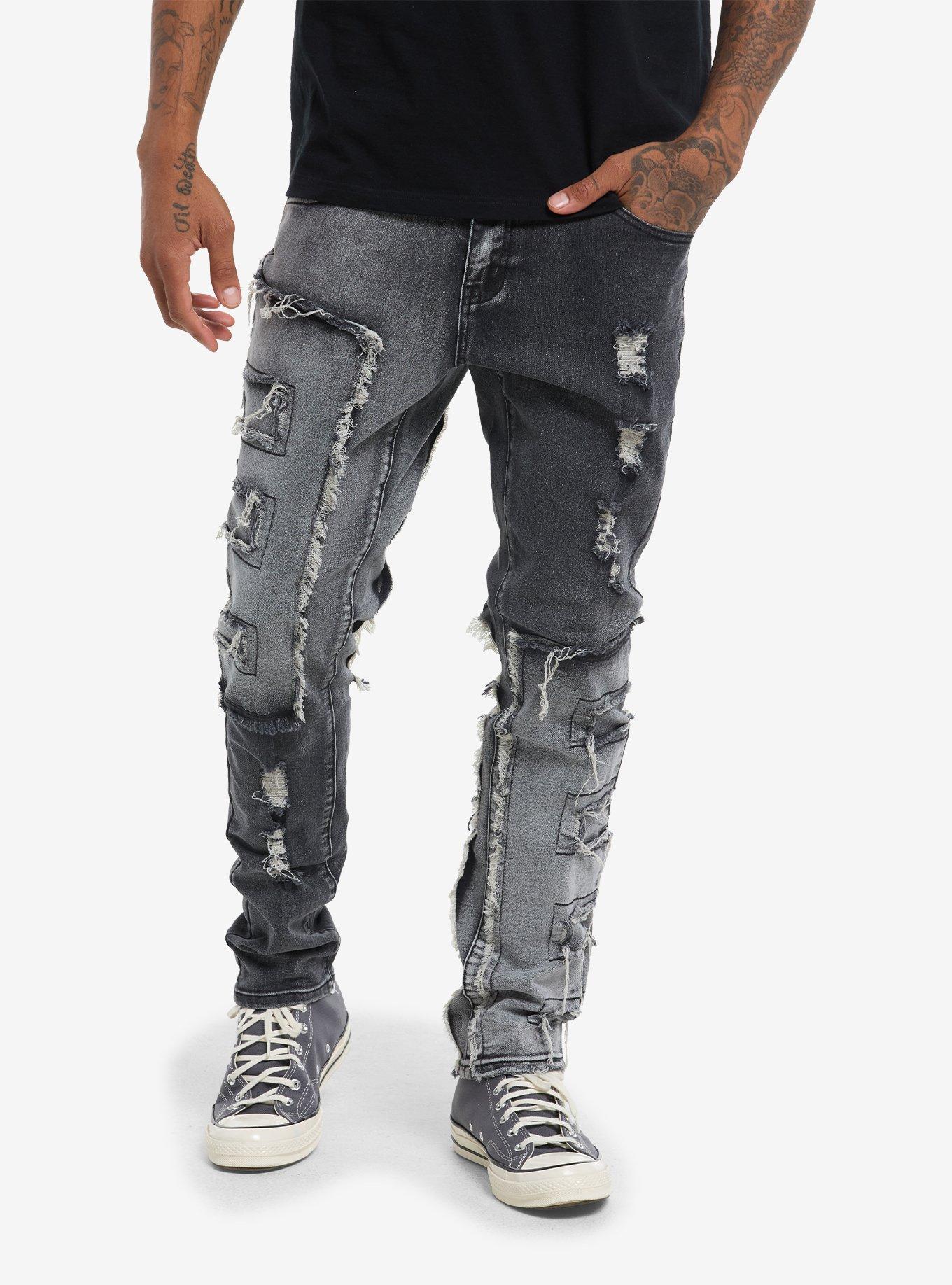 Grey & Black Faded Wash Distressed Skinny Jeans, , hi-res