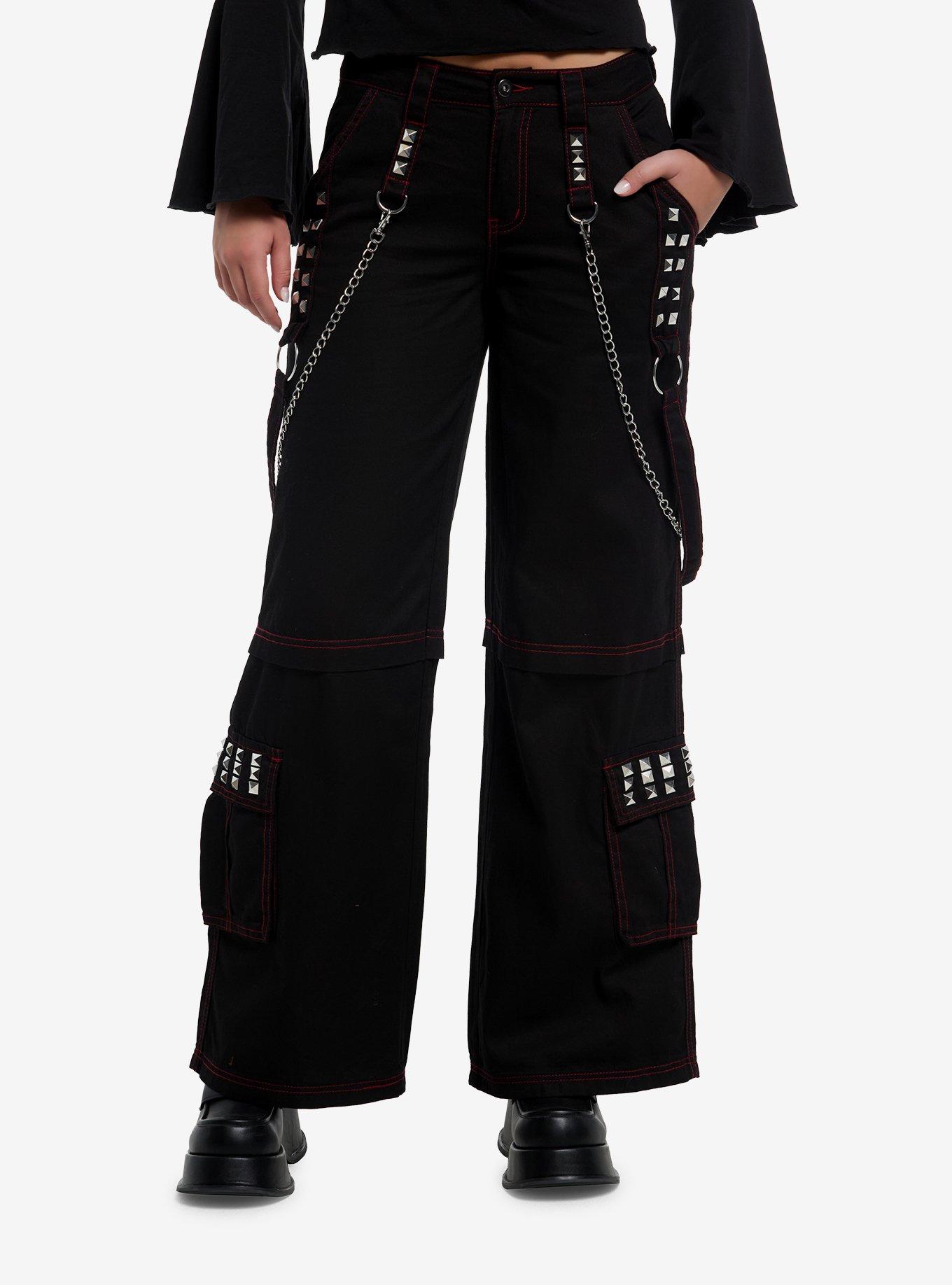 Black & Red Stitch Stud Chain Strap Cargo Pants, , hi-res