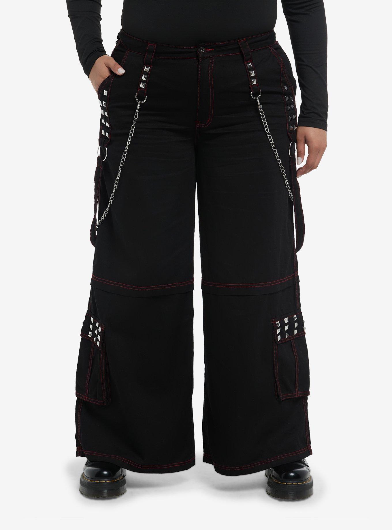 Black & Red Stitch Stud Chain Strap Cargo Pants Plus Size, , hi-res