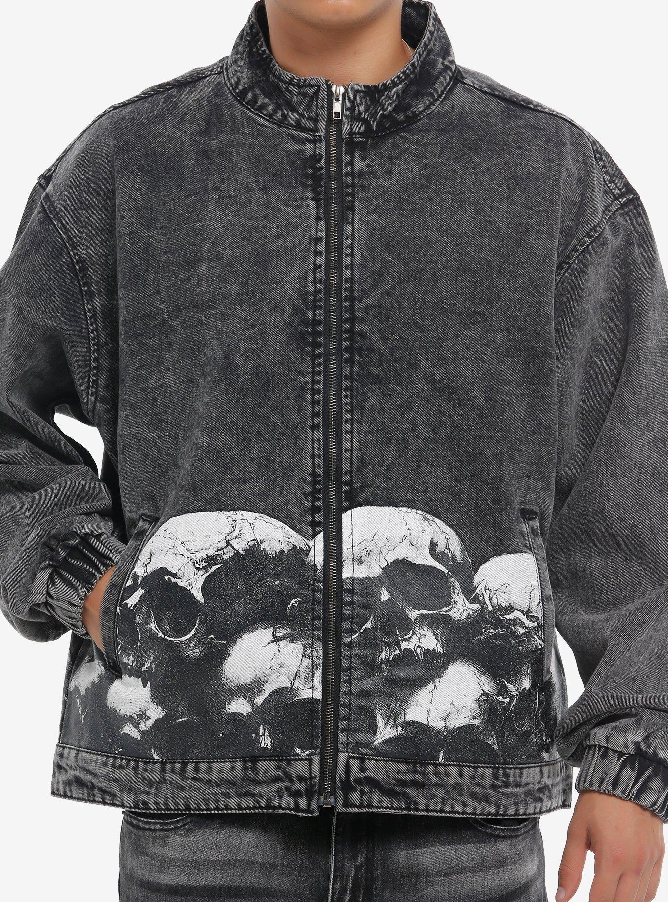 Pile Of Skulls Black Denim Moto Jacket, , hi-res