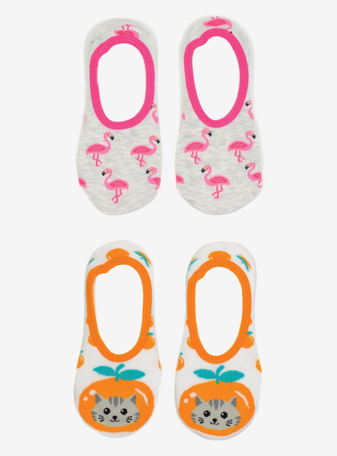 Summertime Flamingos and Cat 2-Pairs Socks, , hi-res