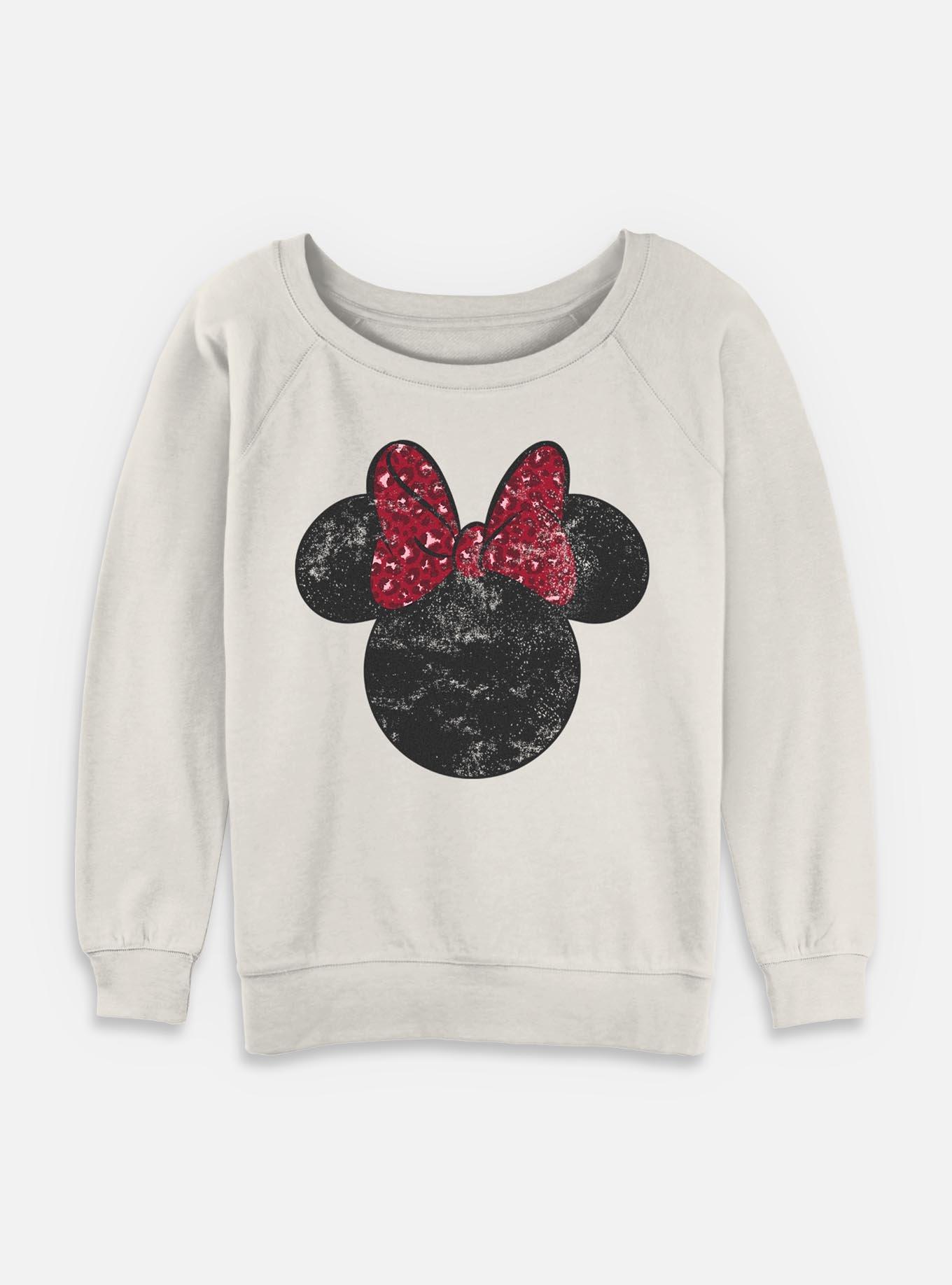 Disney Minnie Mouse Minnie Leopard Bow Womens Slouchy Sweatshirt, EGRET, hi-res