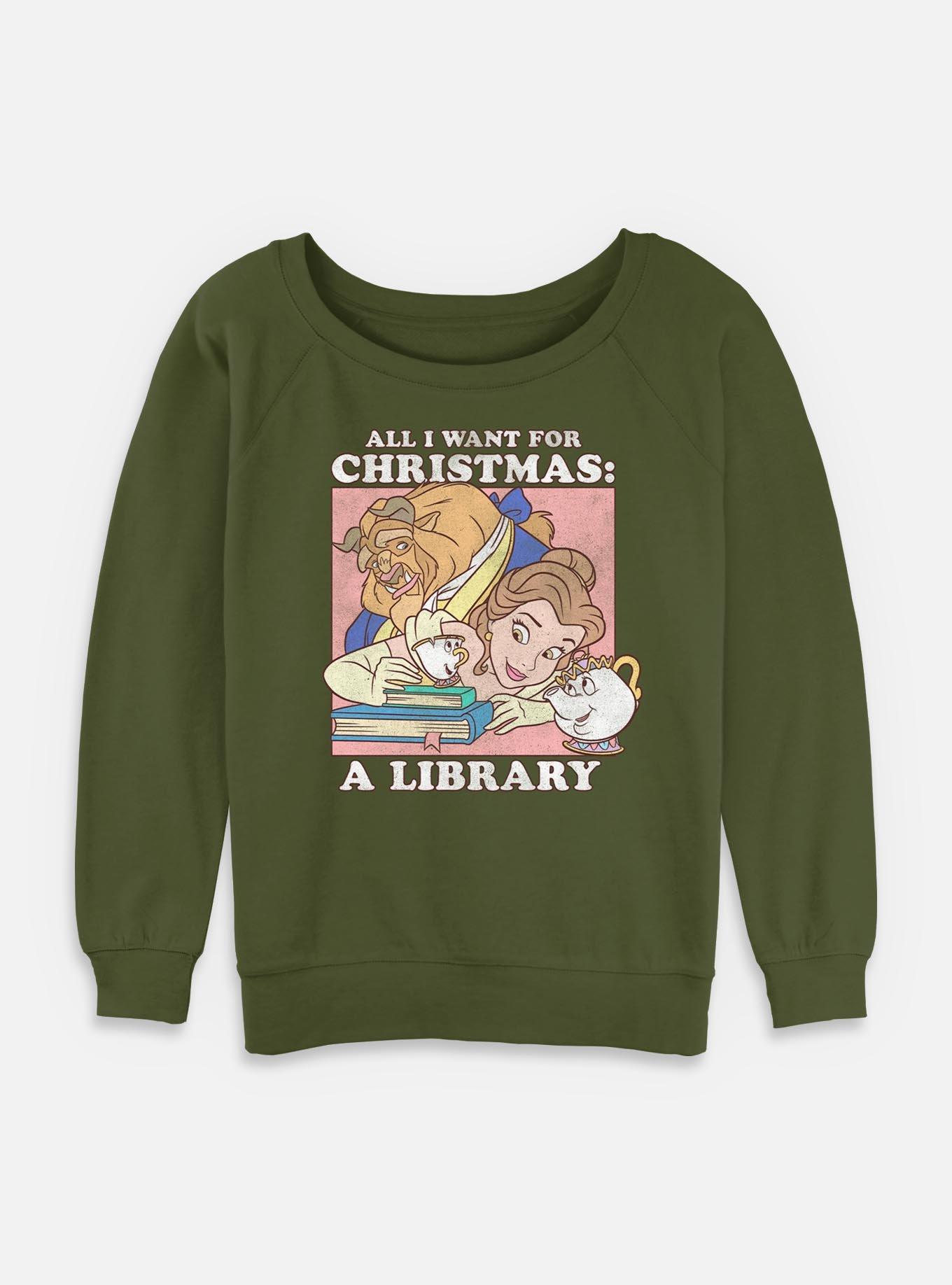 Disney Princesses A Library Christmas Present Womens Slouchy Sweatshirt, , hi-res