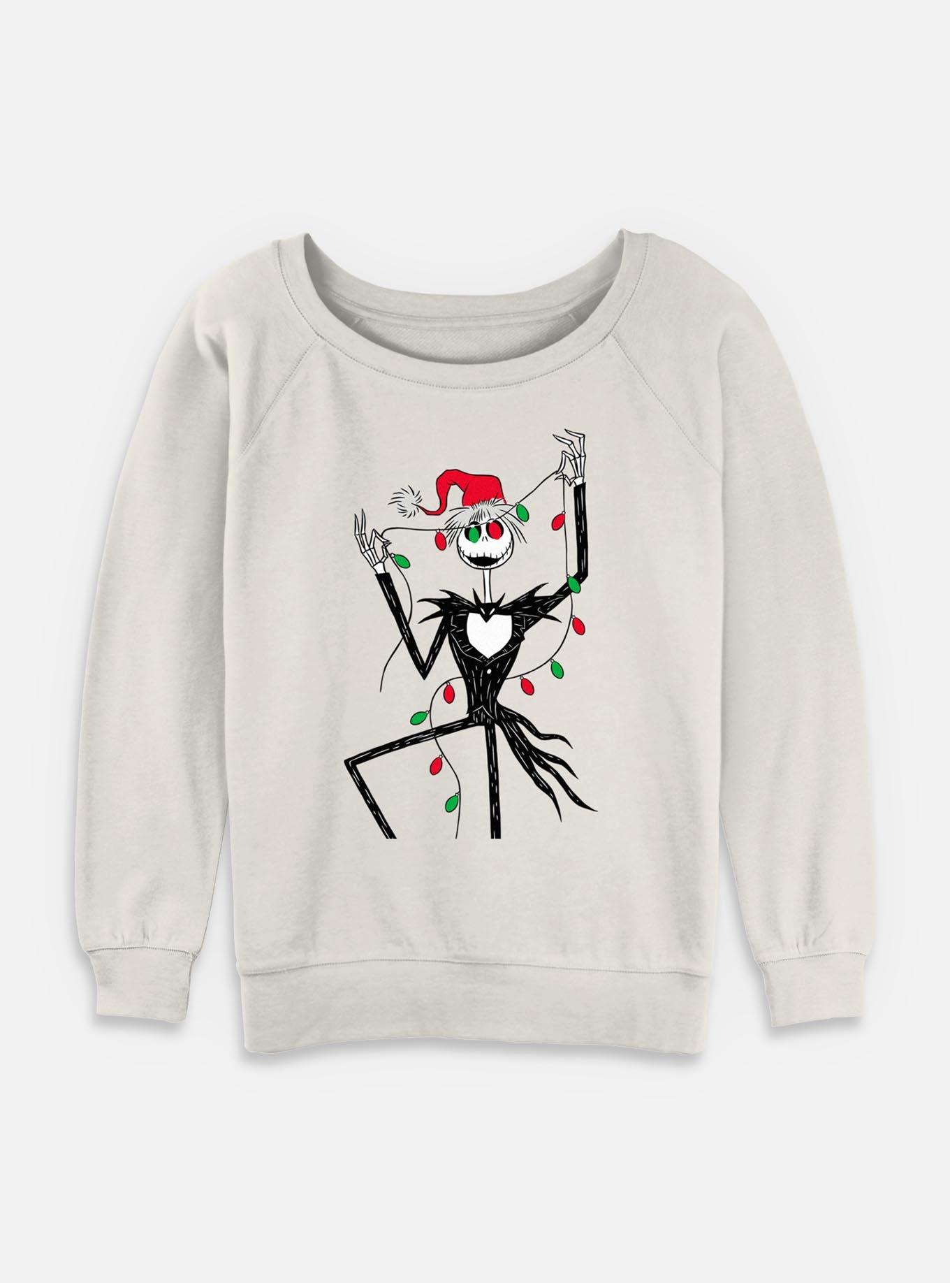 The Nightmare Before Christmas Santa Jack Christmas Lights Womens Slouchy Sweatshirt, EGRET, hi-res