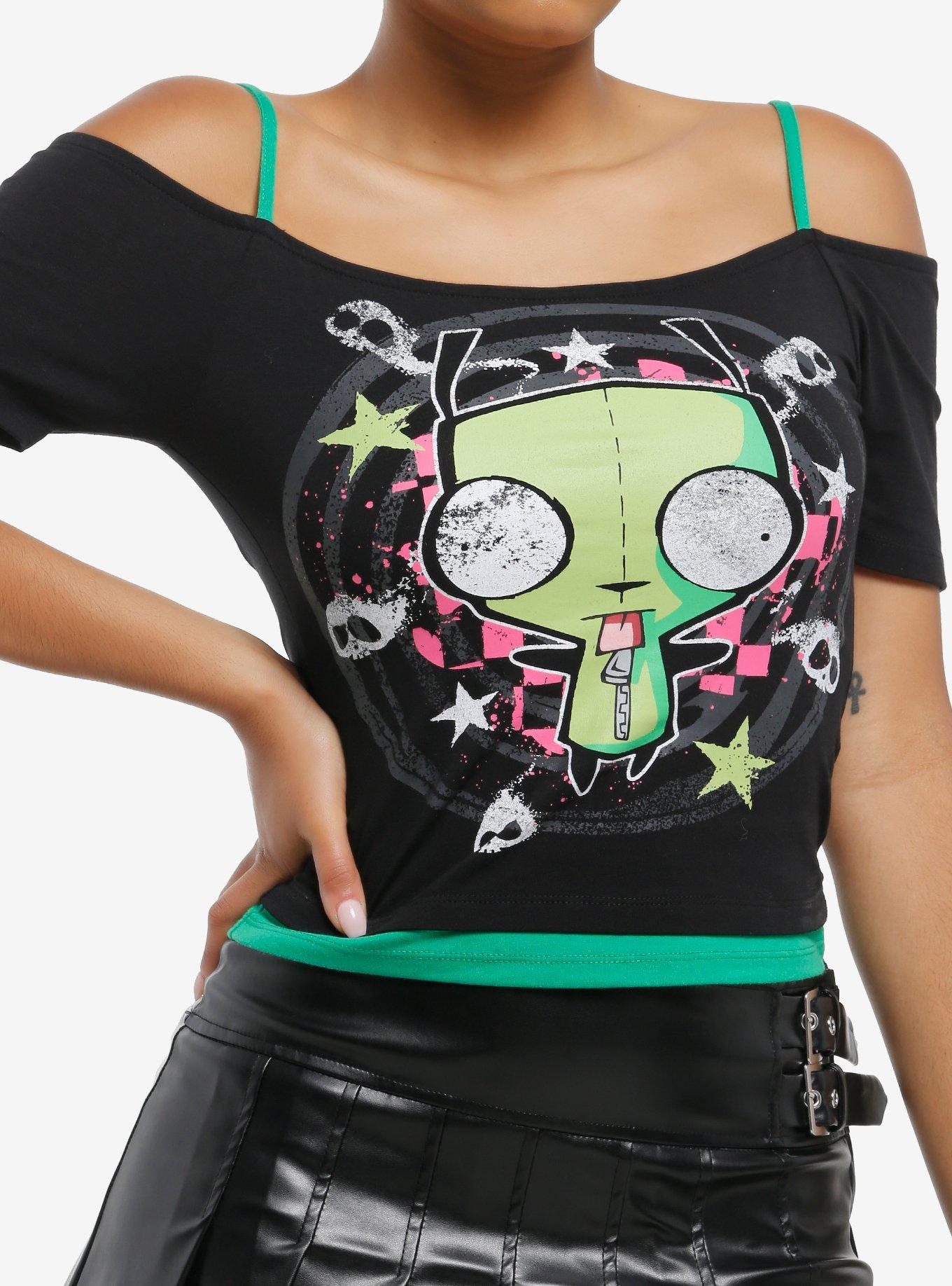 Invader Zim GIR Skull & Star Cold Shoulder Girls Crop Top, , hi-res