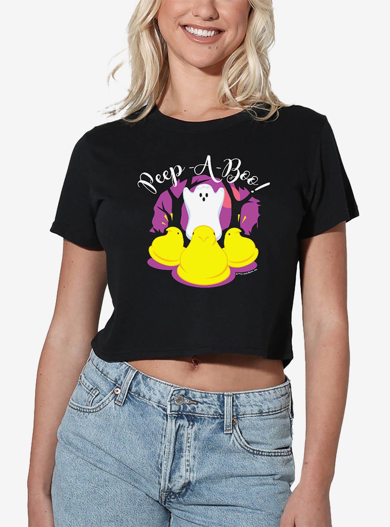 Peeps Peep-A-Boo Ghost Halloween Womens Crop Top, BLACK, hi-res