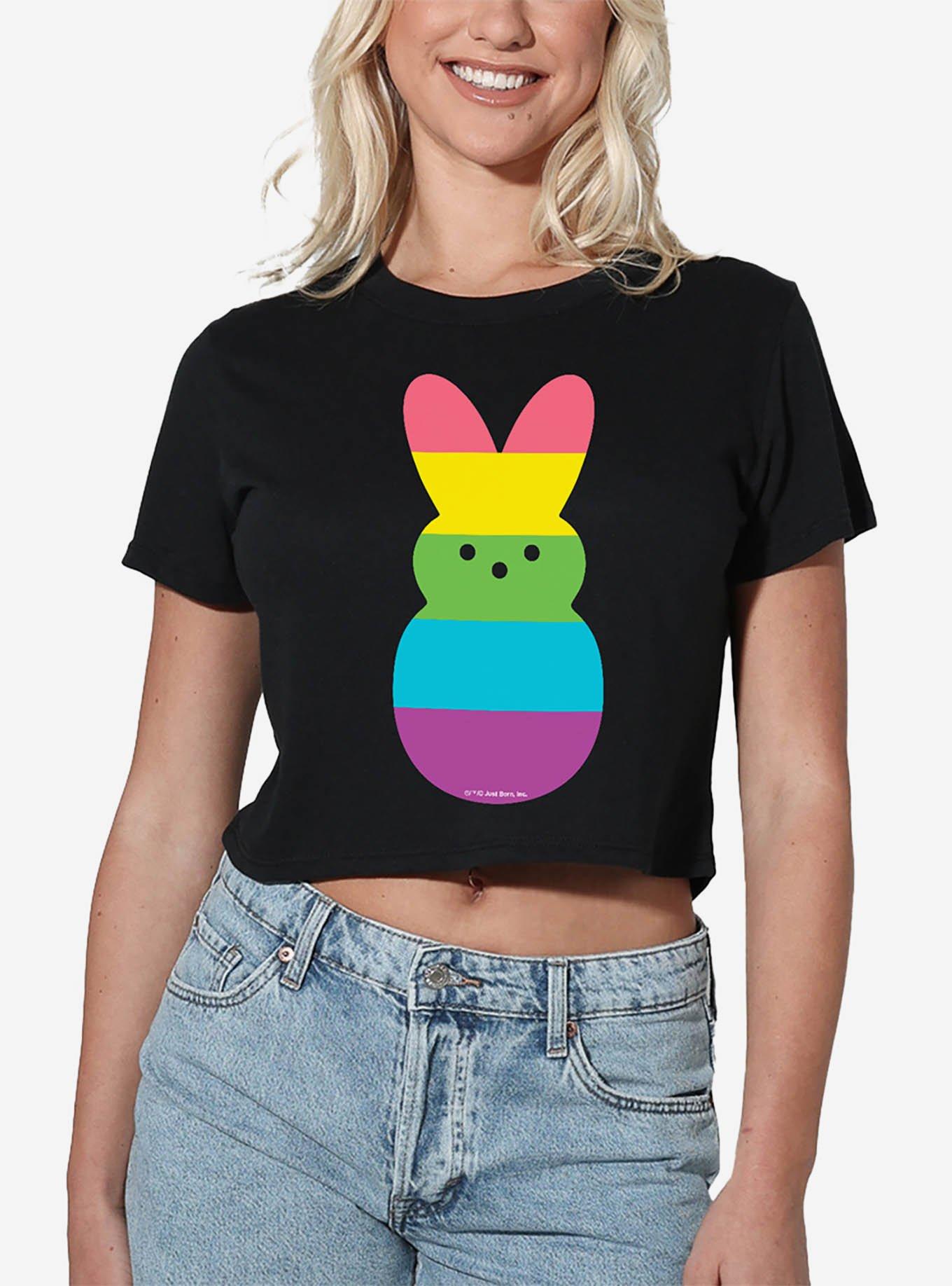 Peeps Rainbow Striped Easter Bunny Womens Crop Top, BLACK, hi-res
