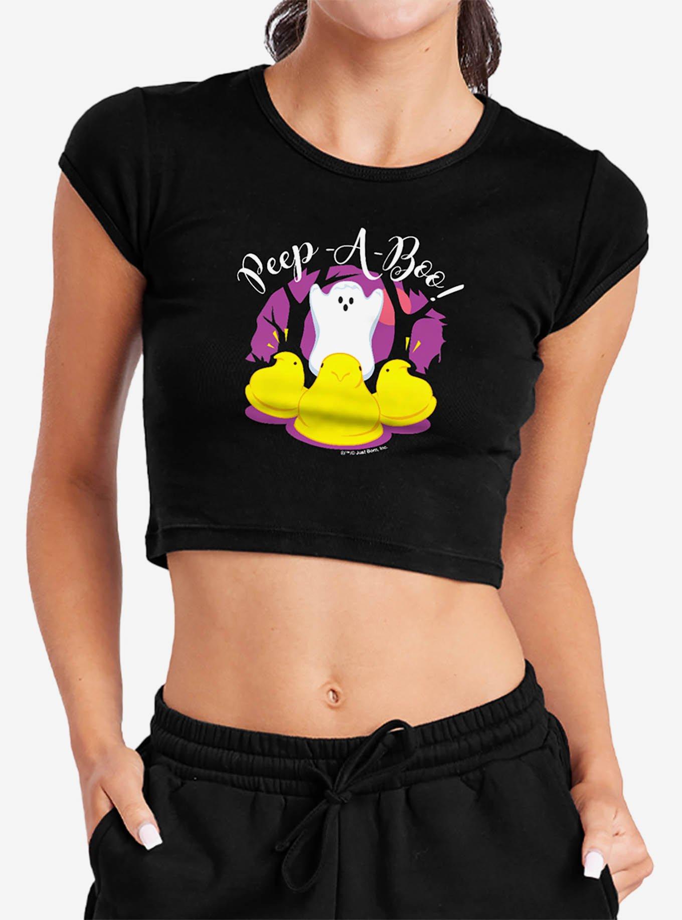 Peeps Peep-A-Boo Ghost Halloween Baby Rib Womens Crop Top, BLACK, hi-res