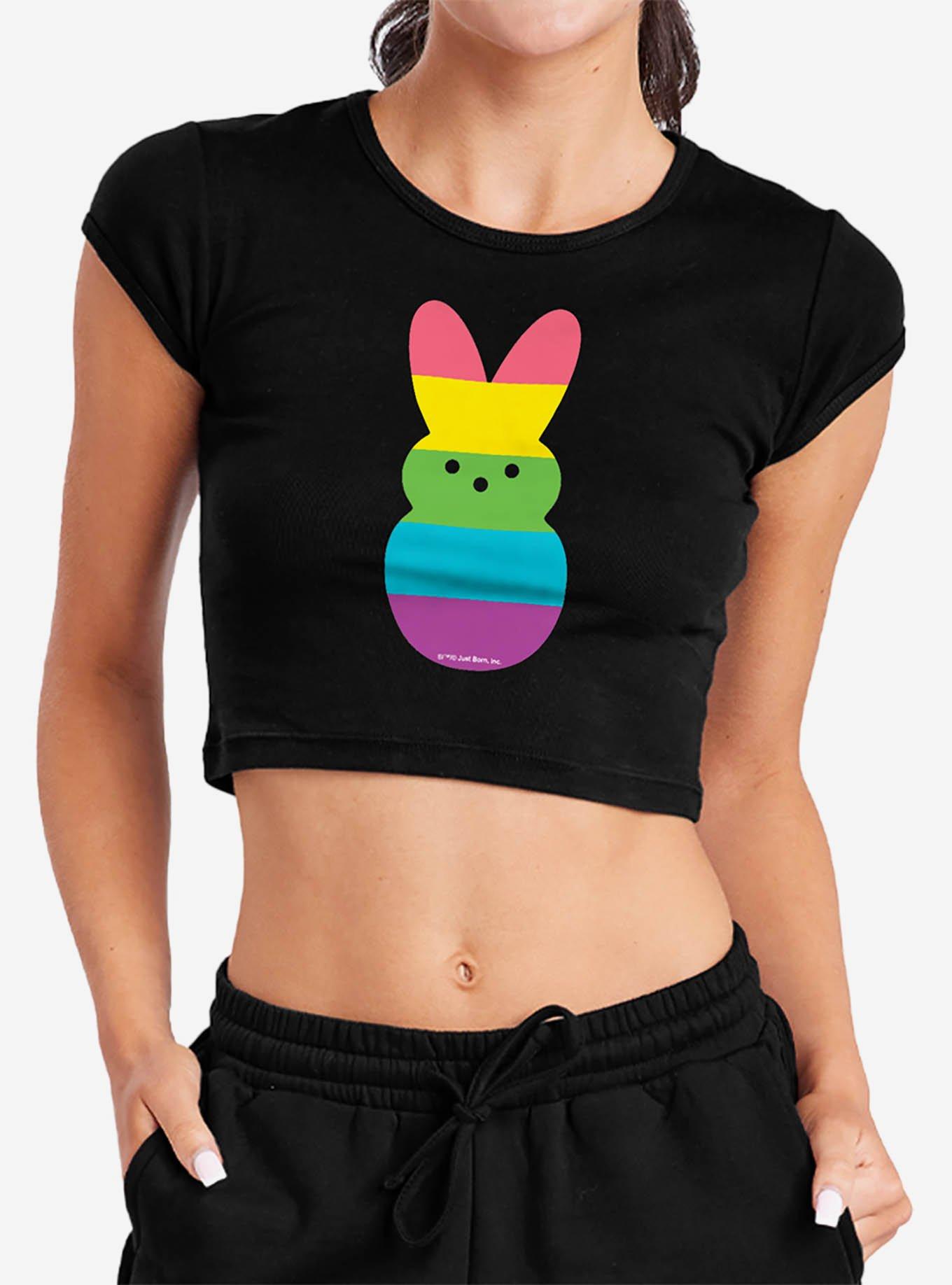 Peeps Rainbow Striped Easter Bunny Baby Rib Womens Crop Top, BLACK, hi-res