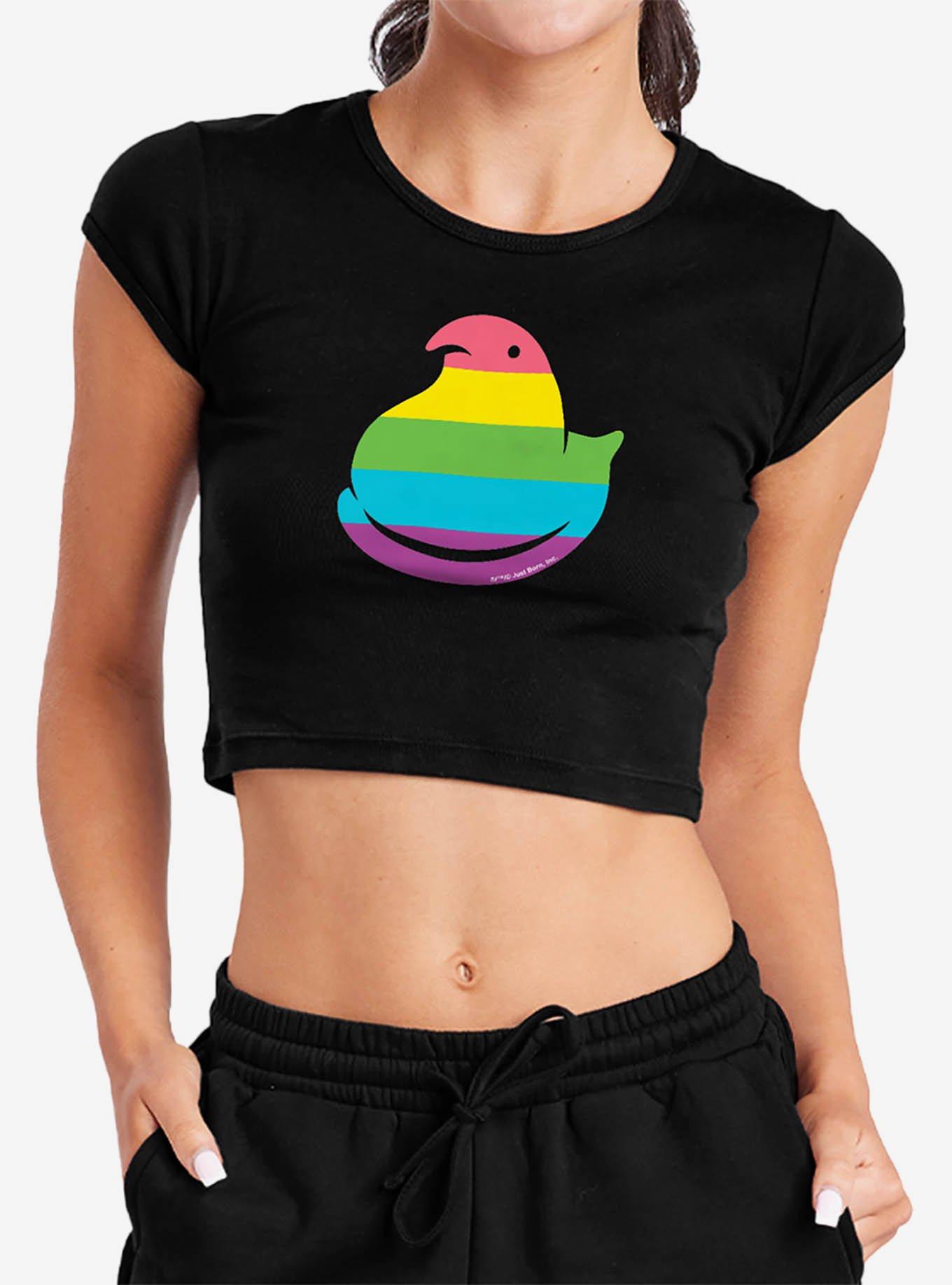 Peeps Rainbow Striped Easter Baby Rib Womens Crop Top, BLACK, hi-res