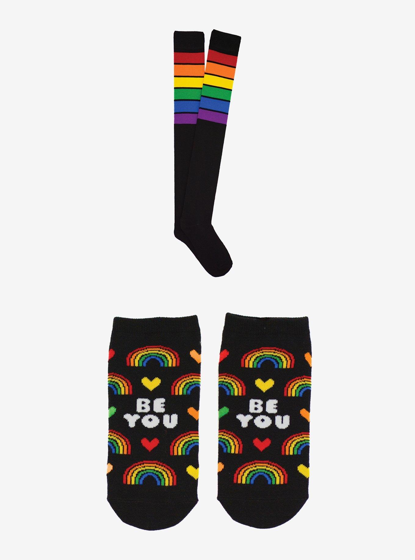 Pride Over The Knee Rainbow Stripe and Be You 2-Pairs Socks, , hi-res