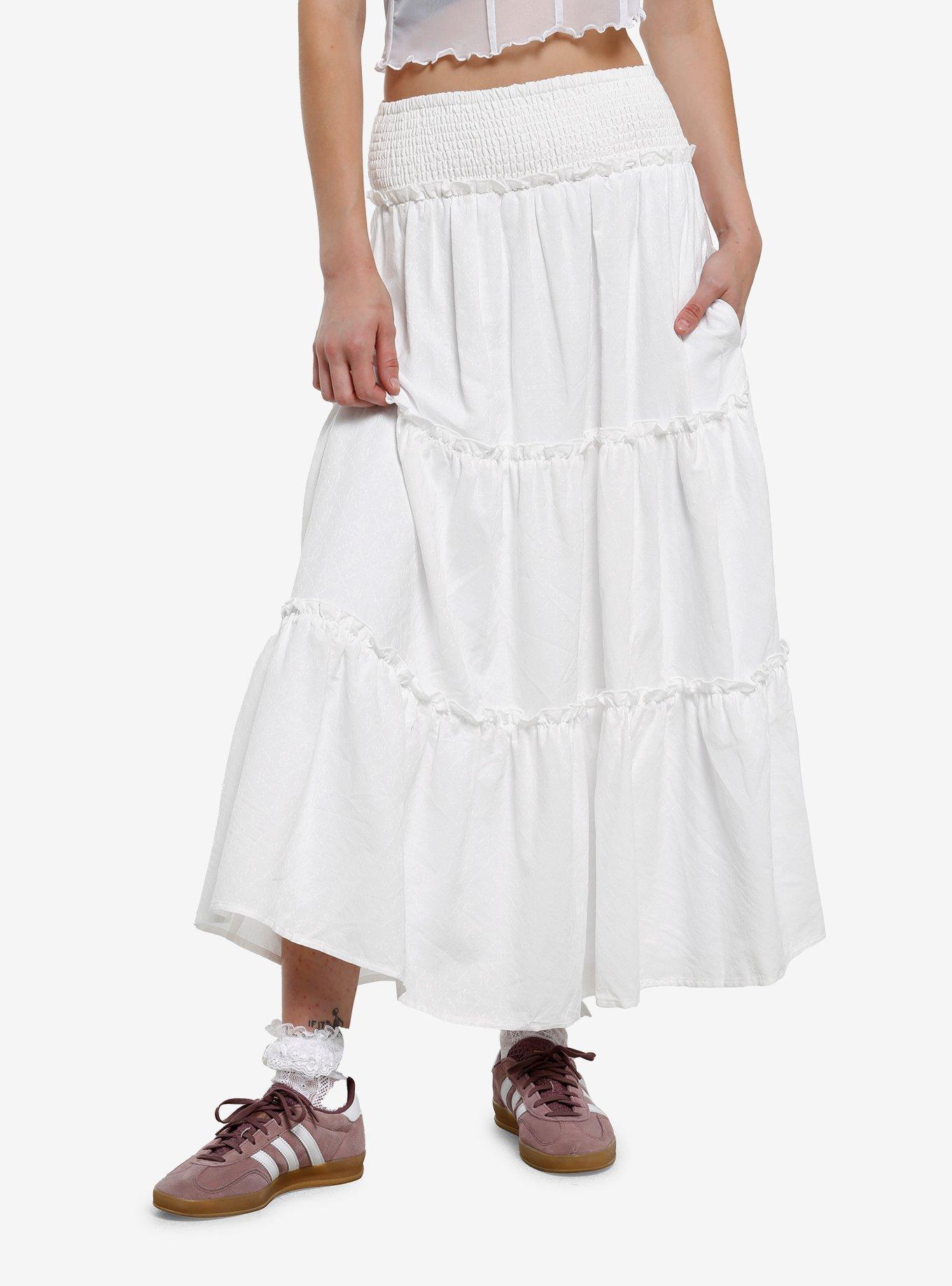 Thorn & Fable White Floral Tiered Midaxi Skirt, , hi-res