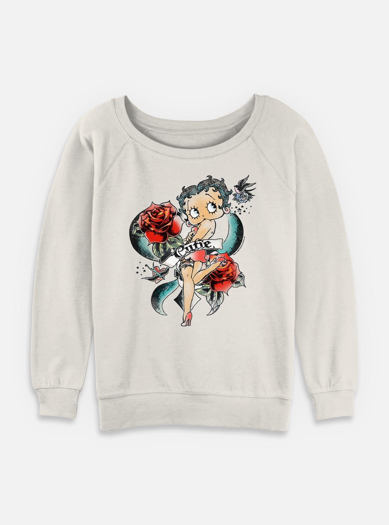 Betty Boop Cutie Rose Tattoo Womens Slouchy Sweatshirt, EGRET, hi-res