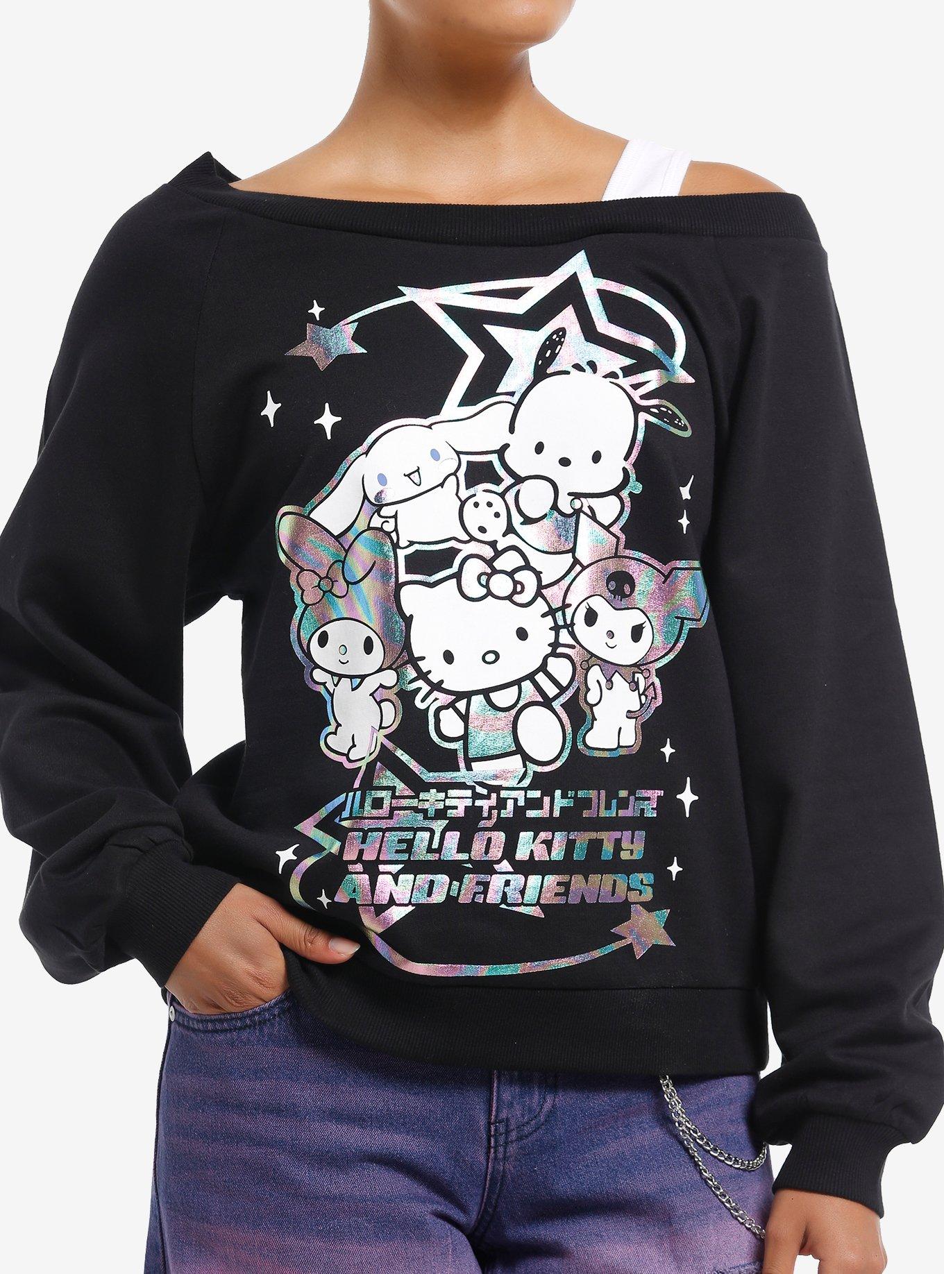 Hello Kitty And Friends Holographic Group Off-The-Shoulder Girls Sweatshirt, , hi-res
