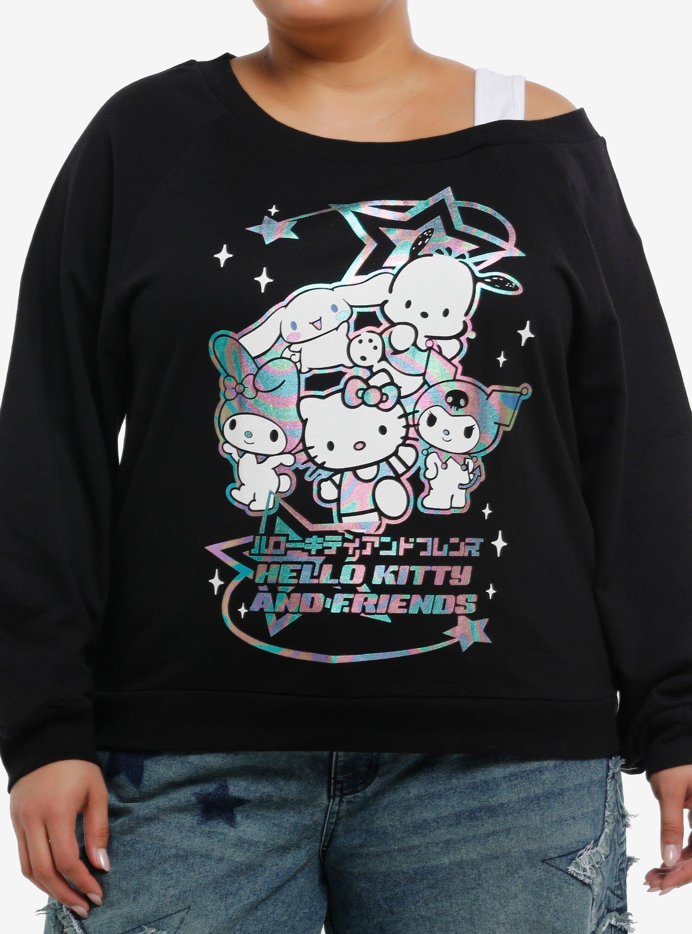 Hello Kitty And Friends Holographic Group Off-The-Shoulder Girls Sweatshirt Plus Size, , hi-res