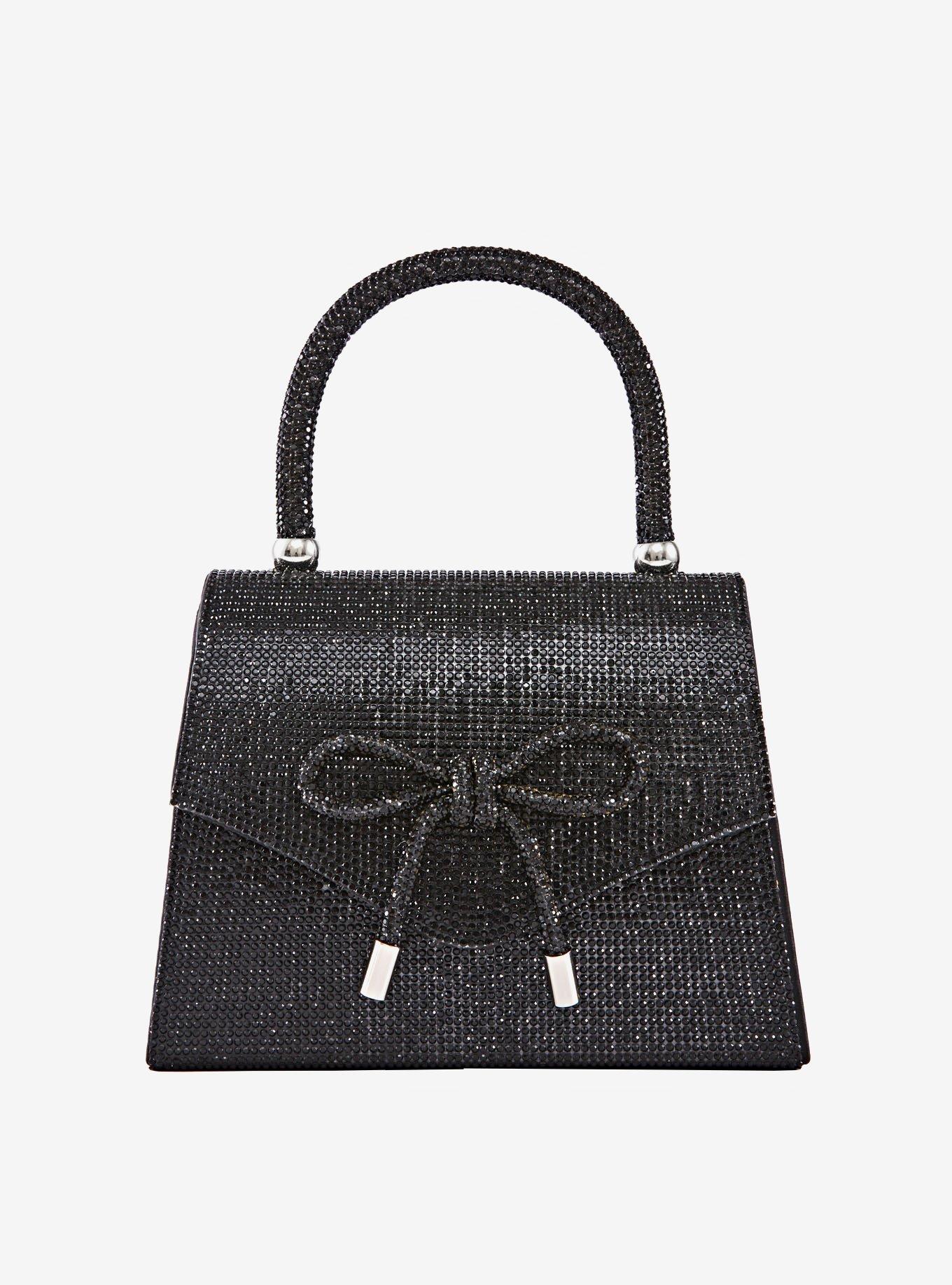 Celina Rhinestone Covered Bow Clutch Bag Black, , hi-res